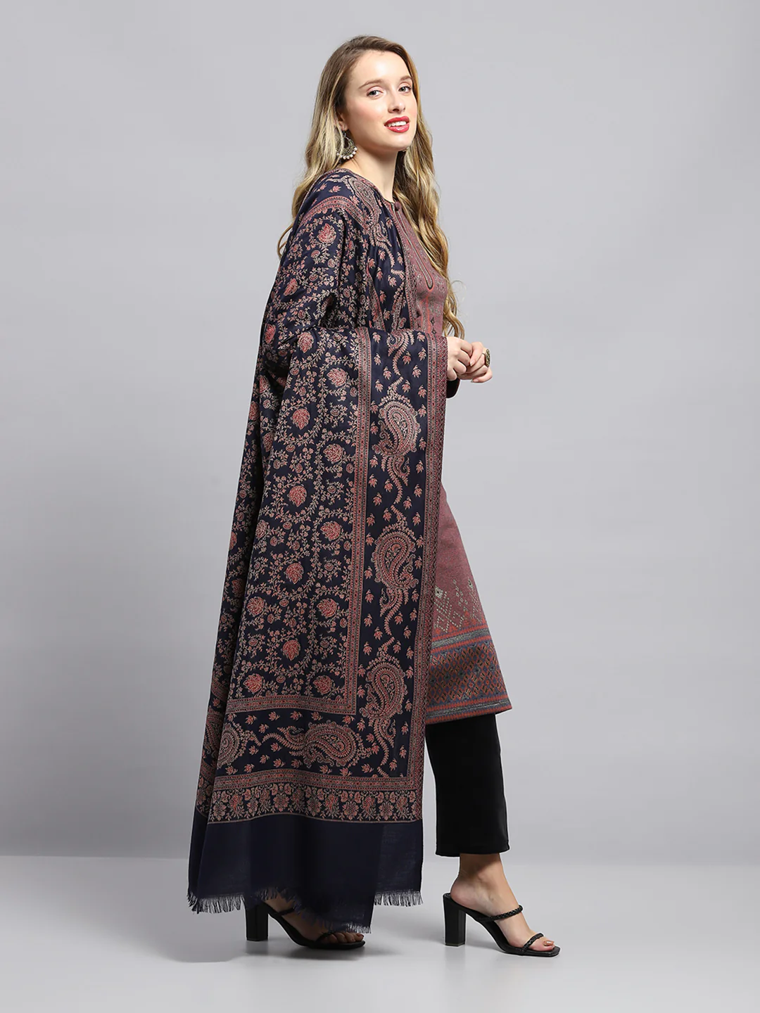 Women Navy Blue Self Design Shawl - Image 4