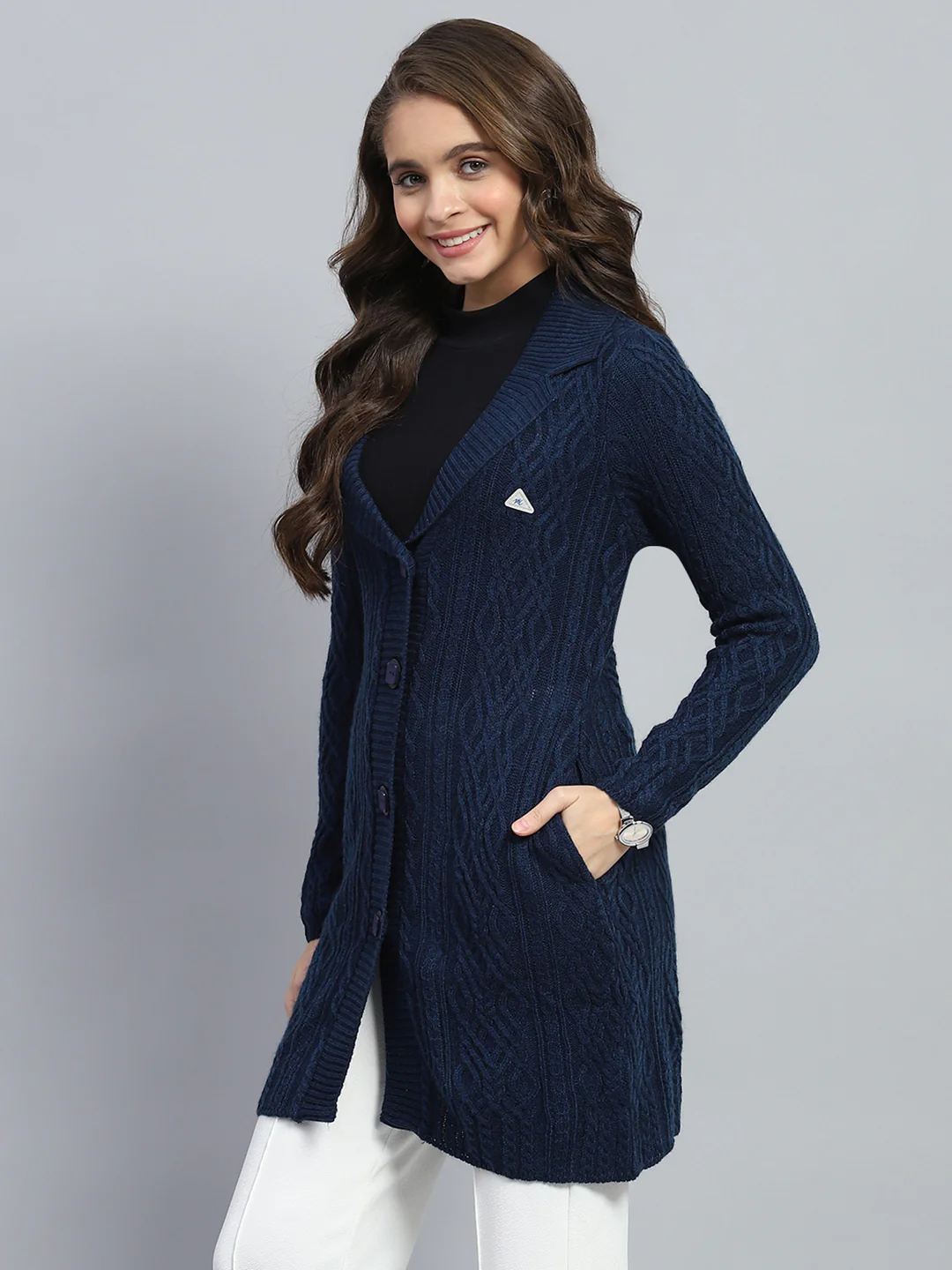 Women Navy Blue Self Design V Neck Full Sleeve Cardigan - Image 3