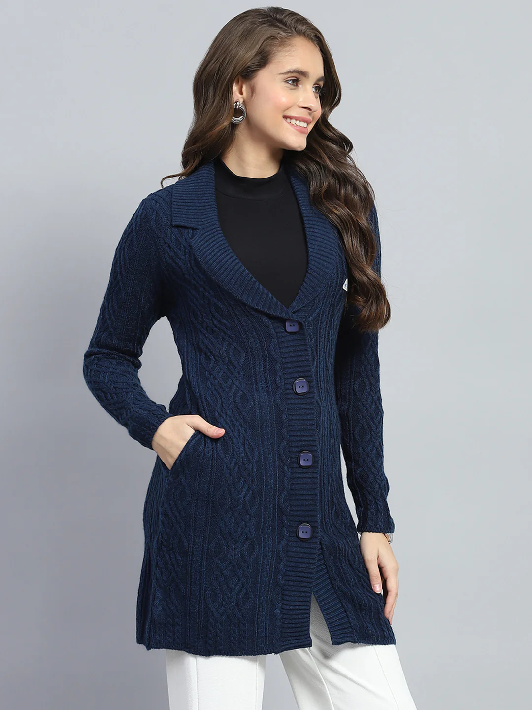 Women Navy Blue Self Design V Neck Full Sleeve Cardigan - Image 4