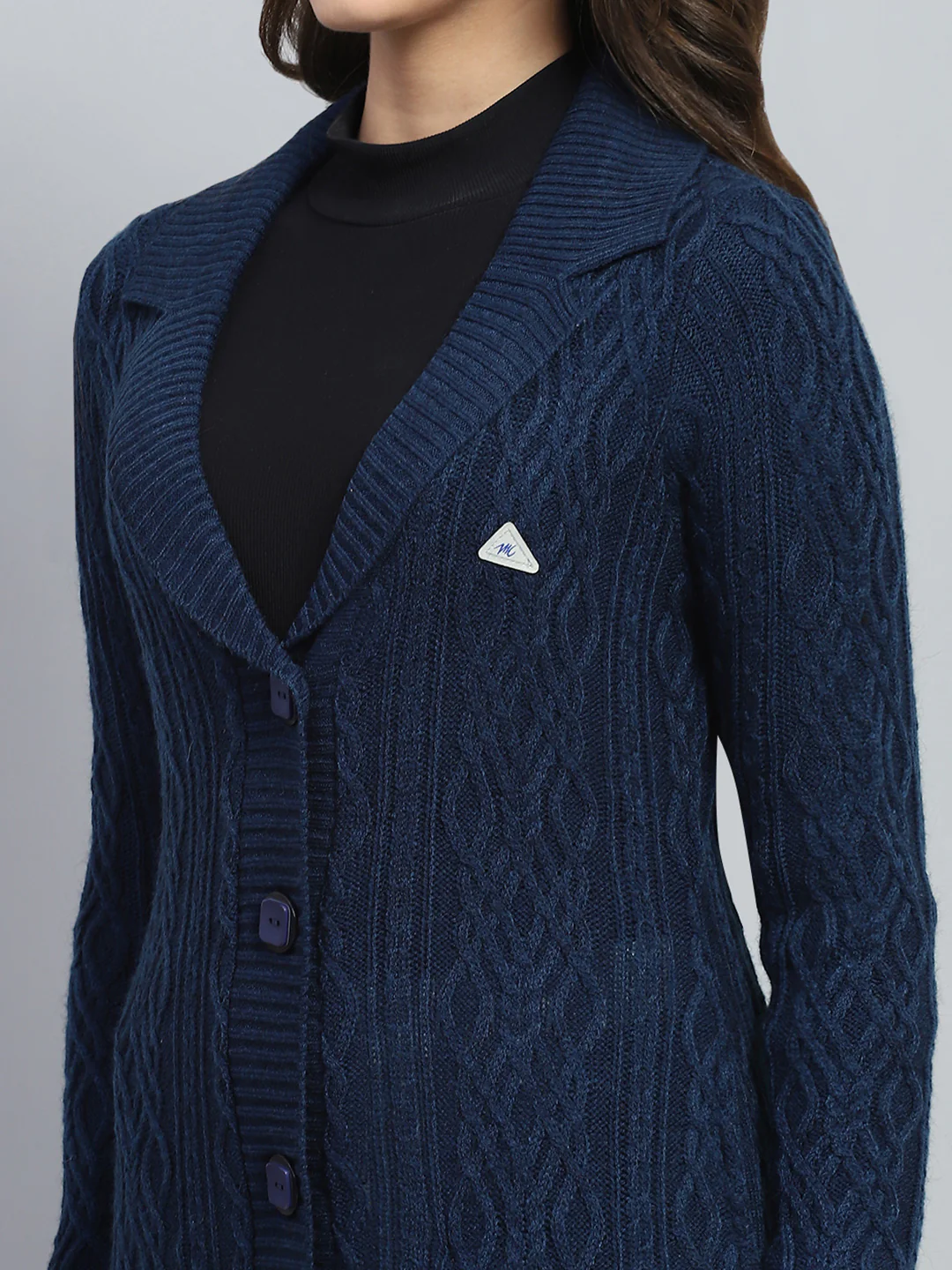 Women Navy Blue Self Design V Neck Full Sleeve Cardigan - Image 6