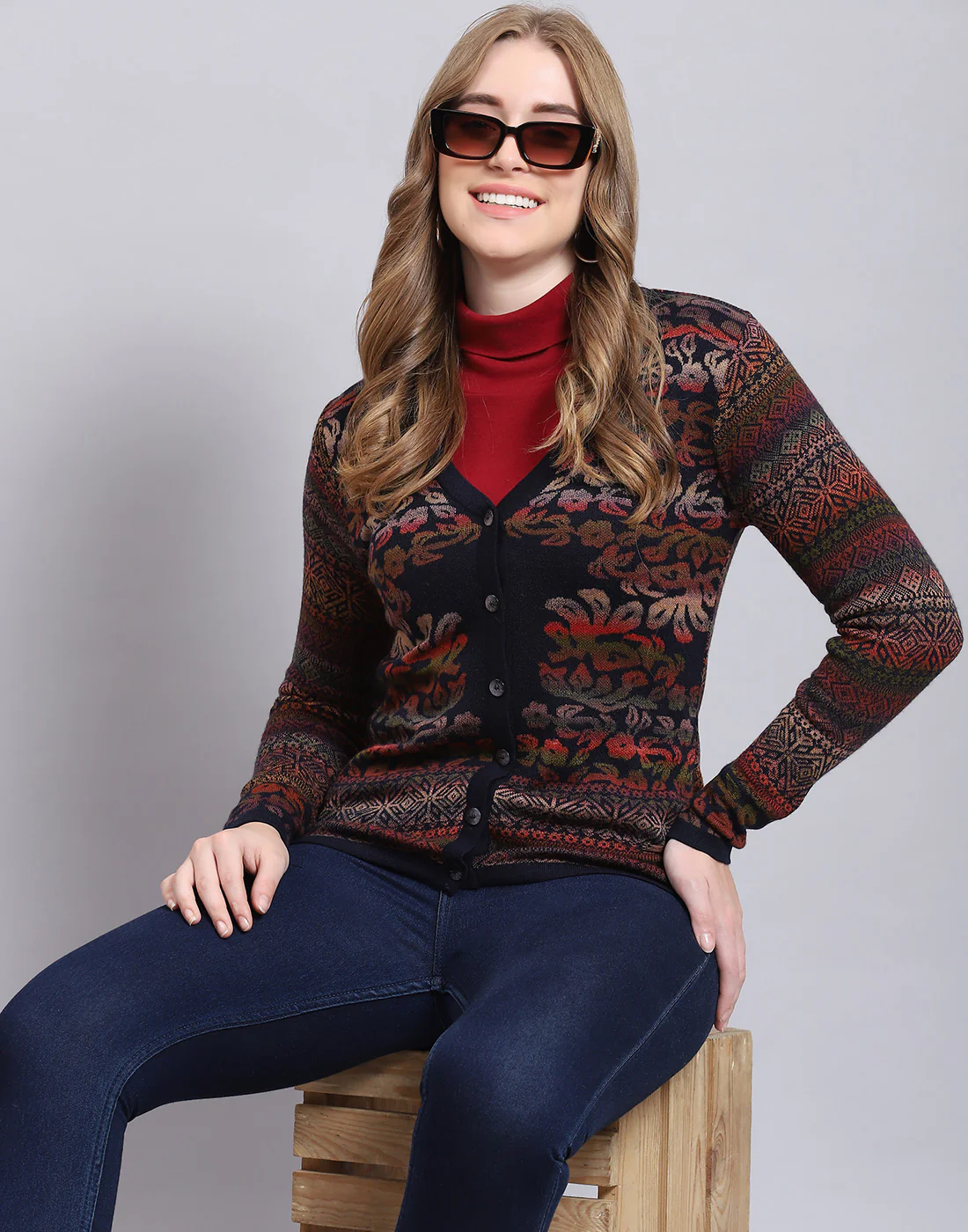 Women Navy Blue Self Design V Neck Full Sleeve Cardigan - Image 2