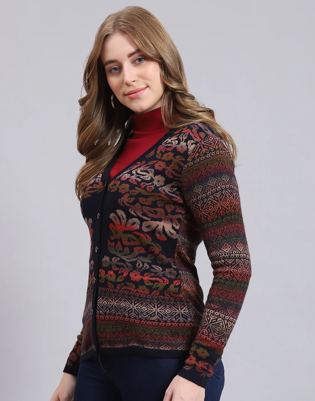 Women Navy Blue Self Design V Neck Full Sleeve Cardigan - Image 4