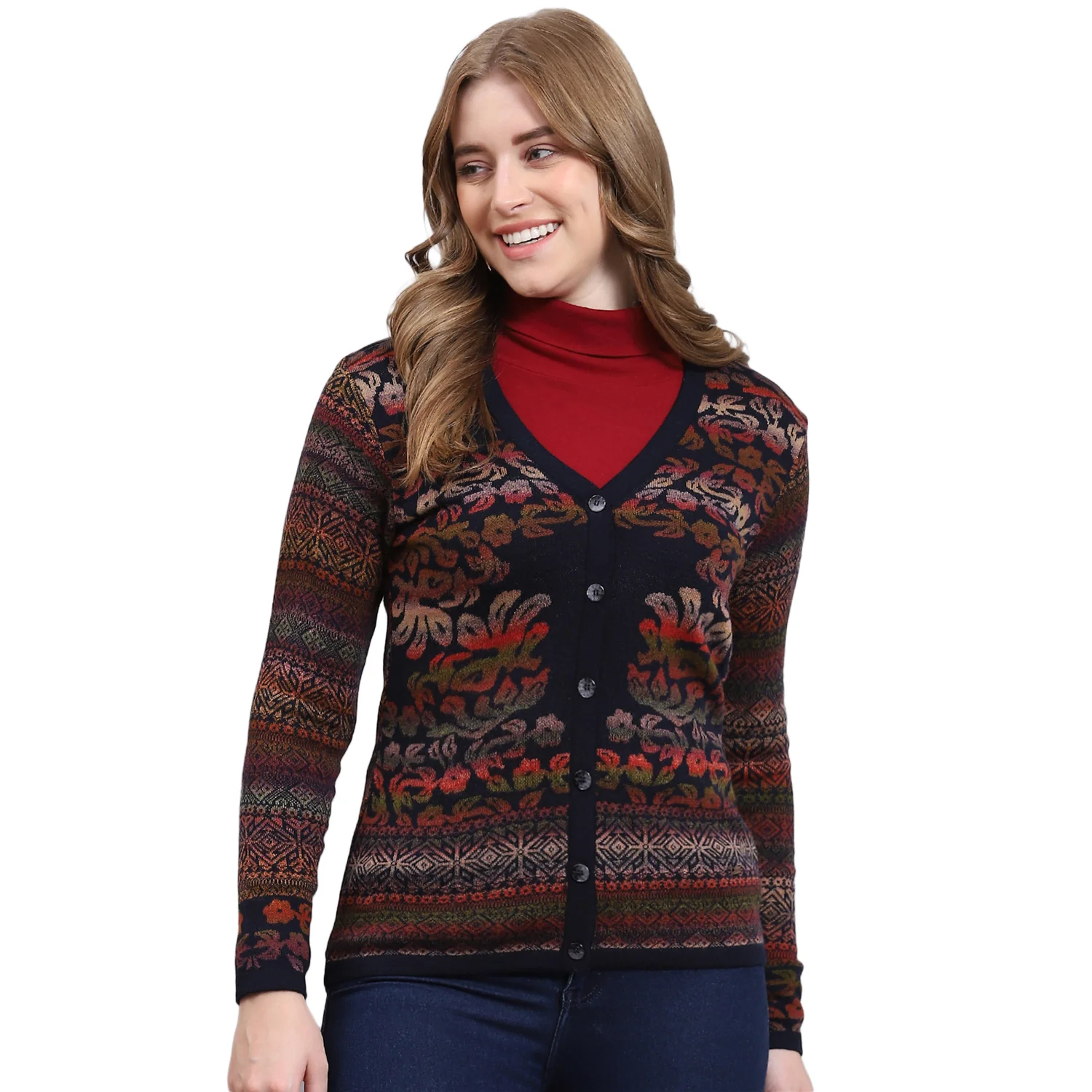 Women Navy Blue Self Design V Neck Full Sleeve Cardigan - Image 5