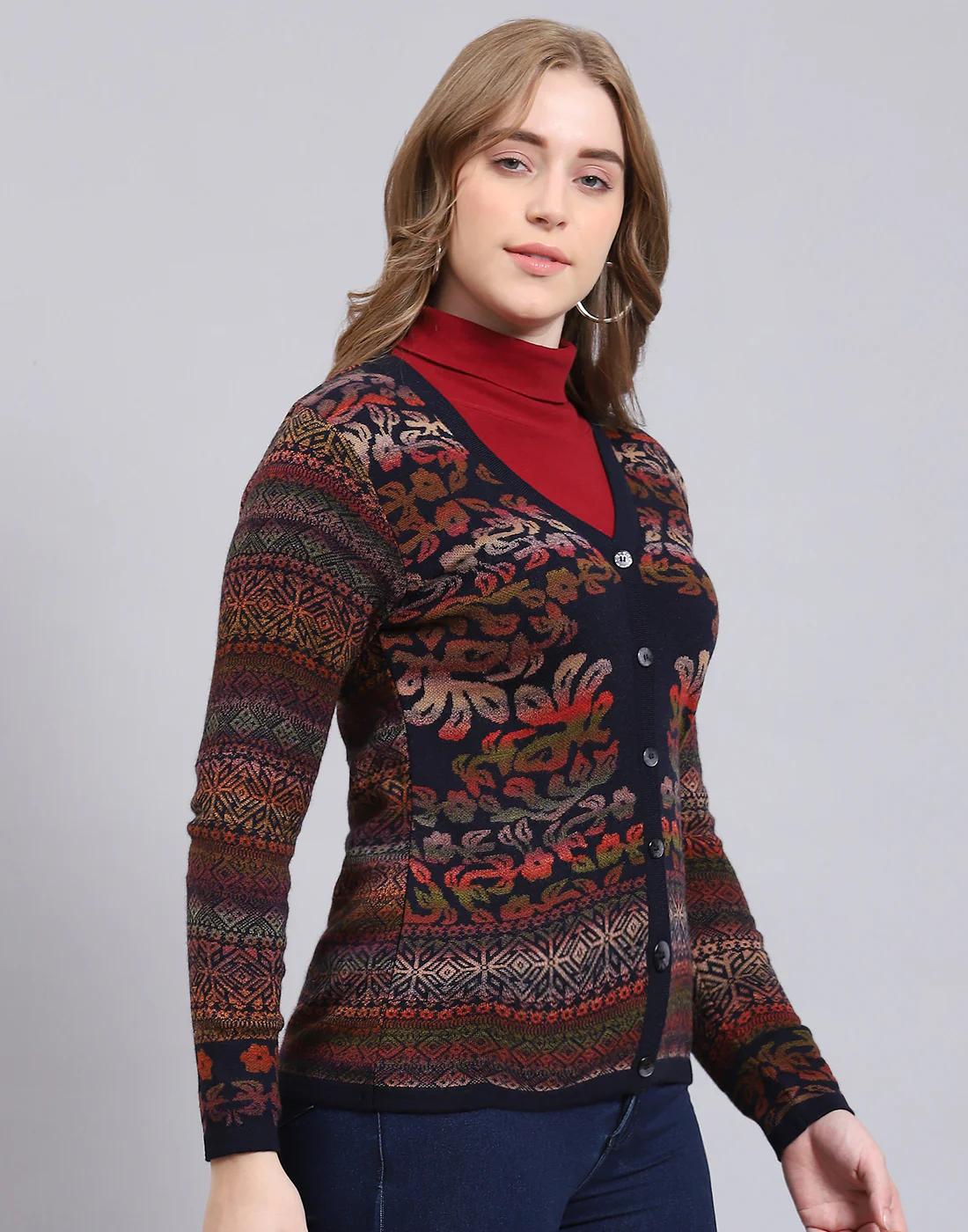 Women Navy Blue Self Design V Neck Full Sleeve Cardigan - Image 6