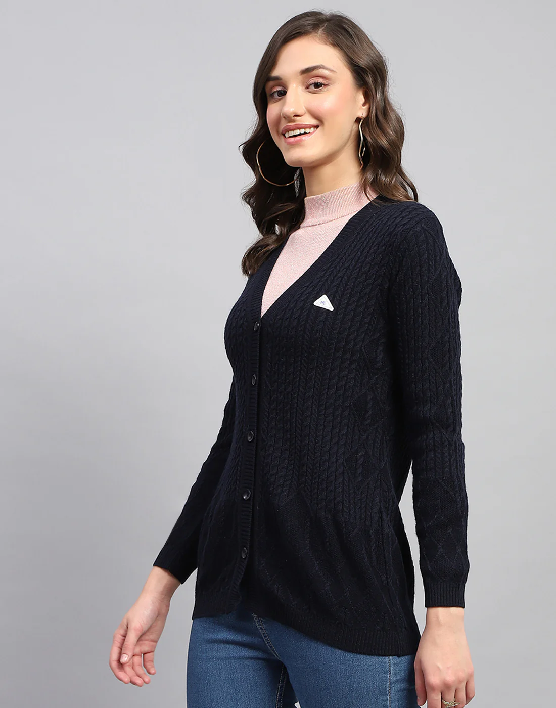 Women Navy Blue Self Design V Neck Full Sleeve Cardigan - Image 3