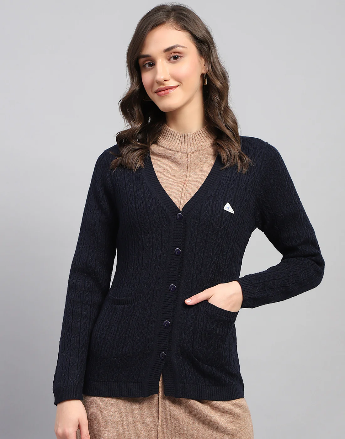 Women Navy Blue Self Design V Neck Full Sleeve Cardigan - Image 2
