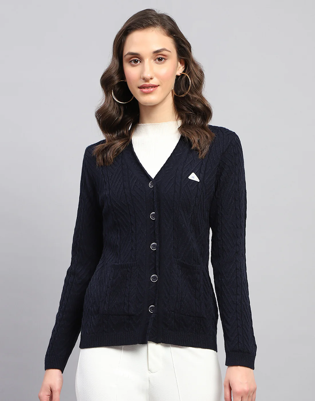Women Navy Blue Self Design V Neck Full Sleeve Cardigan - Image 3