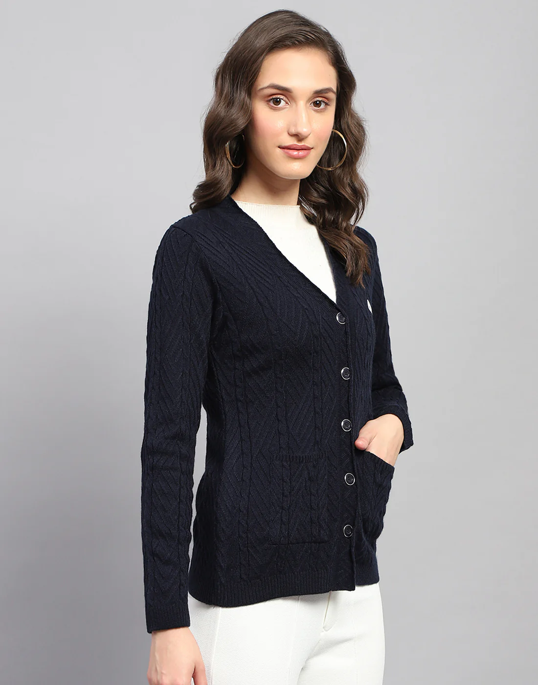 Women Navy Blue Self Design V Neck Full Sleeve Cardigan - Image 5