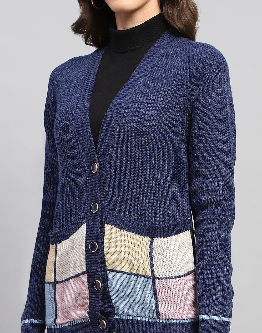 Women Navy Blue Self Design V Neck Full Sleeve Cardigan - Image 6