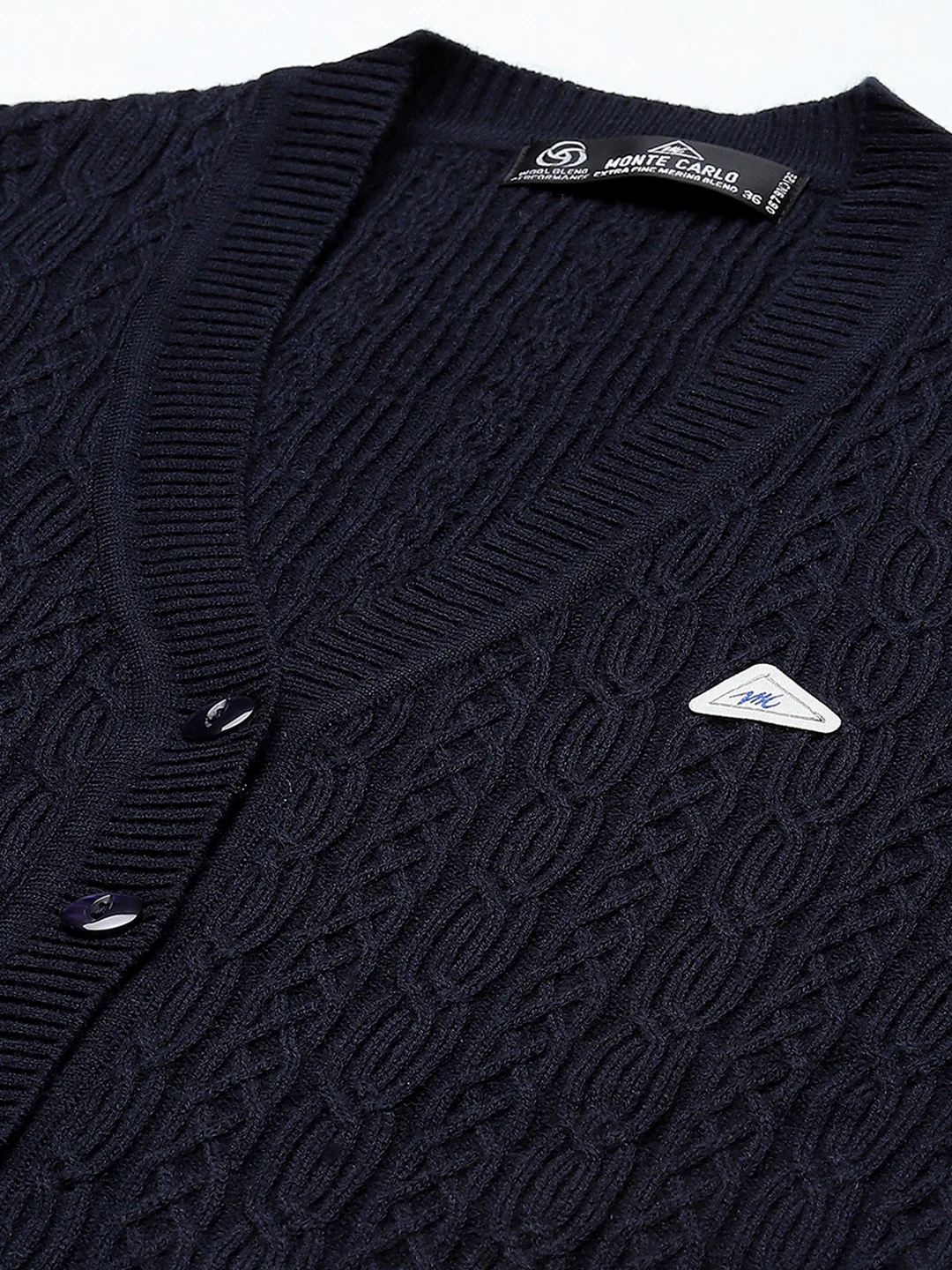 Women Navy Blue Self Design V Neck Full Sleeve Cardigan - Image 7