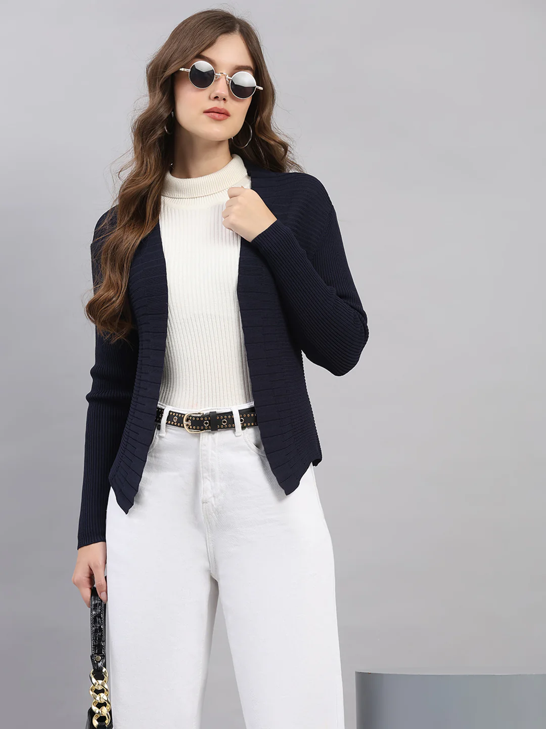 Women Navy Blue Self Design V Neck Full Sleeve Cardigan - Image 6