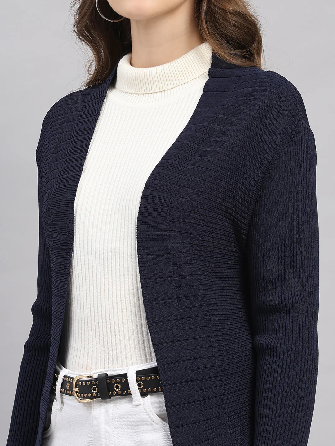 Women Navy Blue Self Design V Neck Full Sleeve Cardigan - Image 7