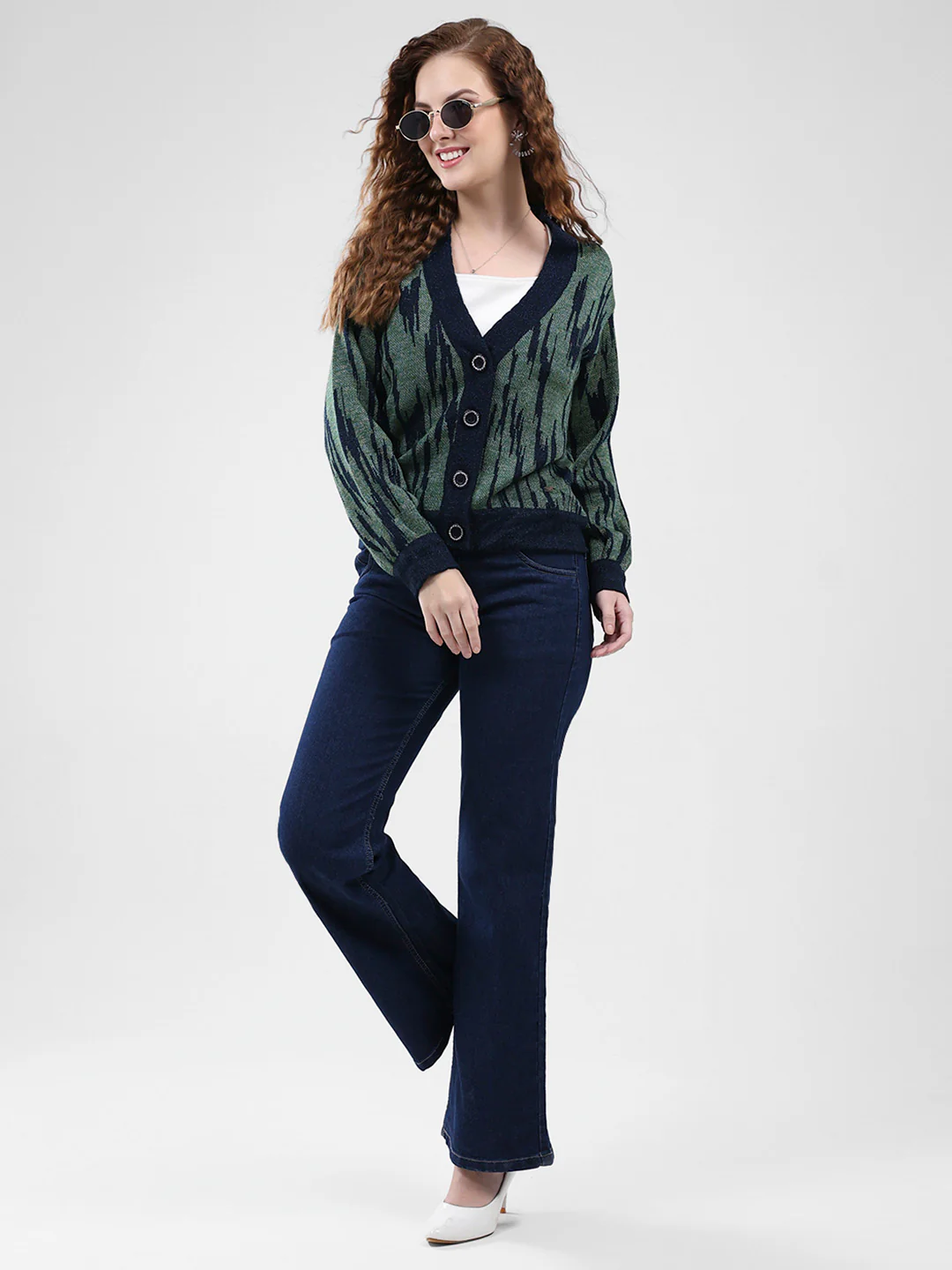 Women Navy Blue Self Design V Neck Full Sleeve Cardigan - Image 2