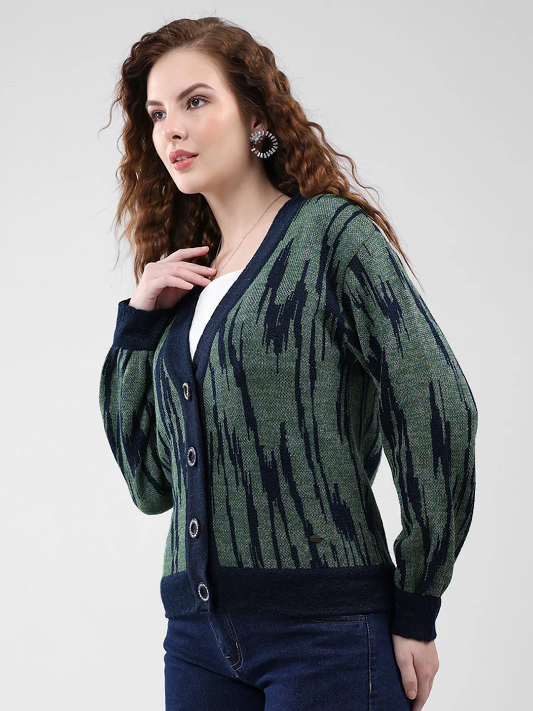 Women Navy Blue Self Design V Neck Full Sleeve Cardigan - Image 3