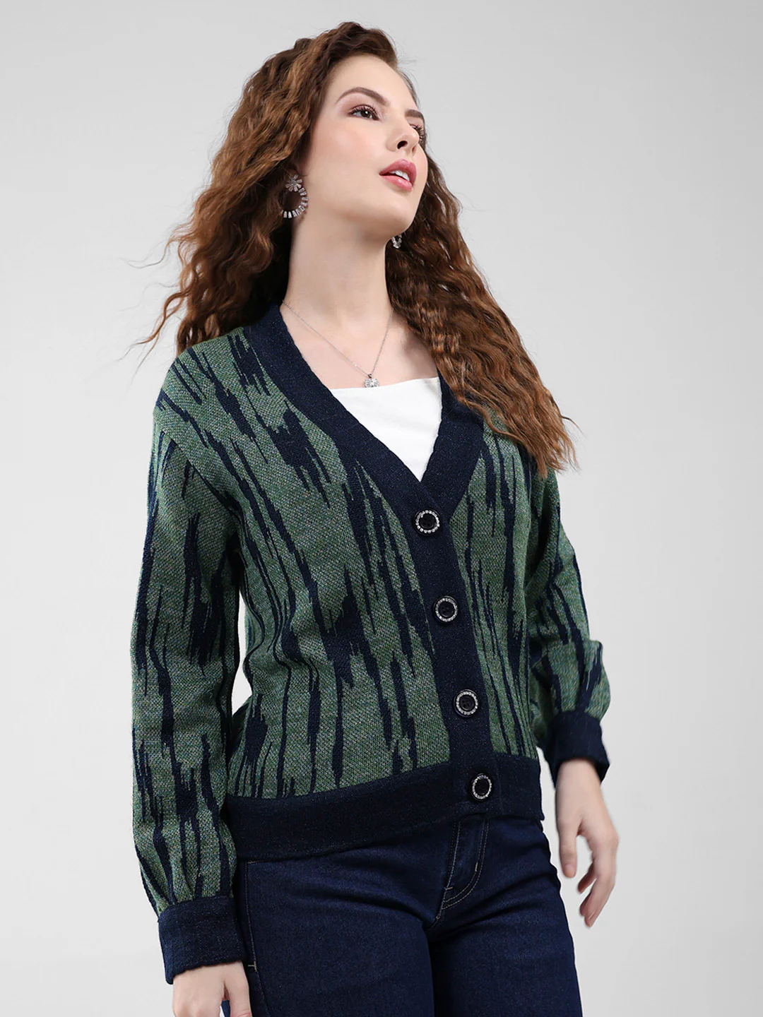 Women Navy Blue Self Design V Neck Full Sleeve Cardigan - Image 4