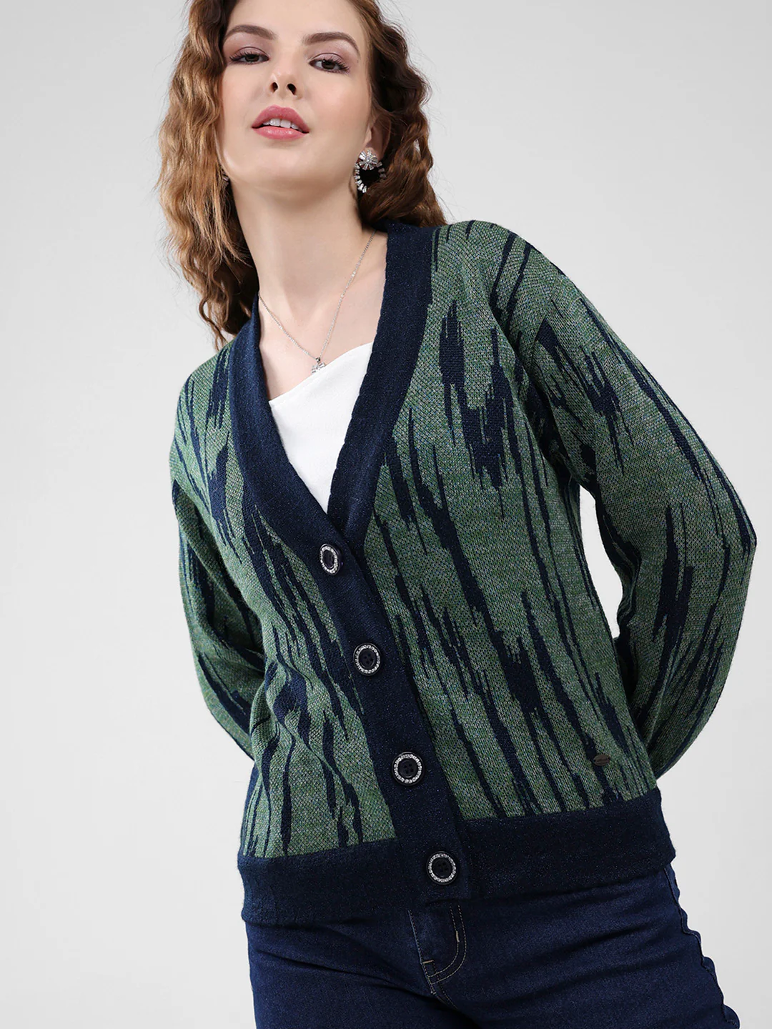 Women Navy Blue Self Design V Neck Full Sleeve Cardigan - Image 6
