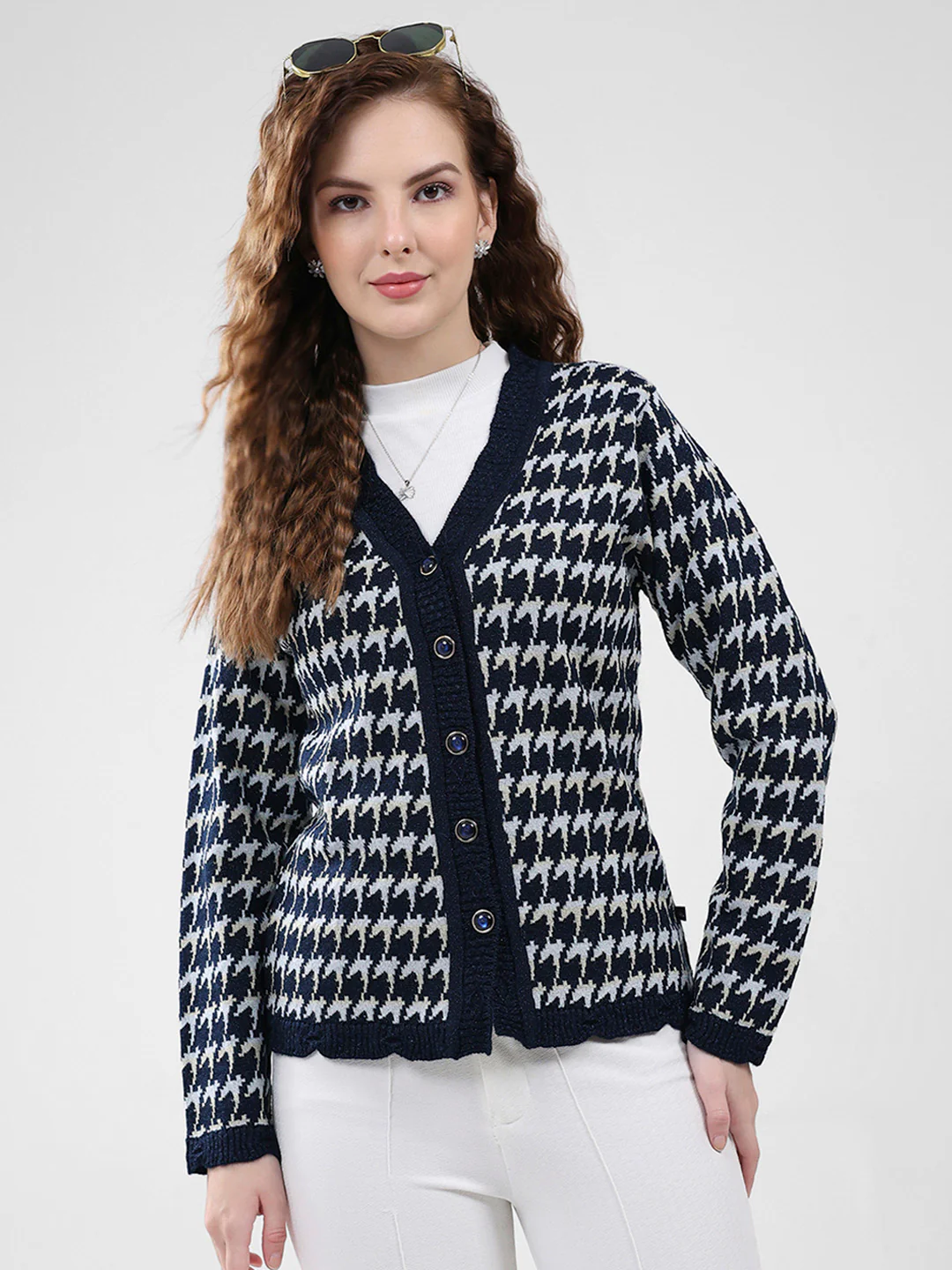 Women Navy Blue Self Design V Neck Full Sleeve Cardigan