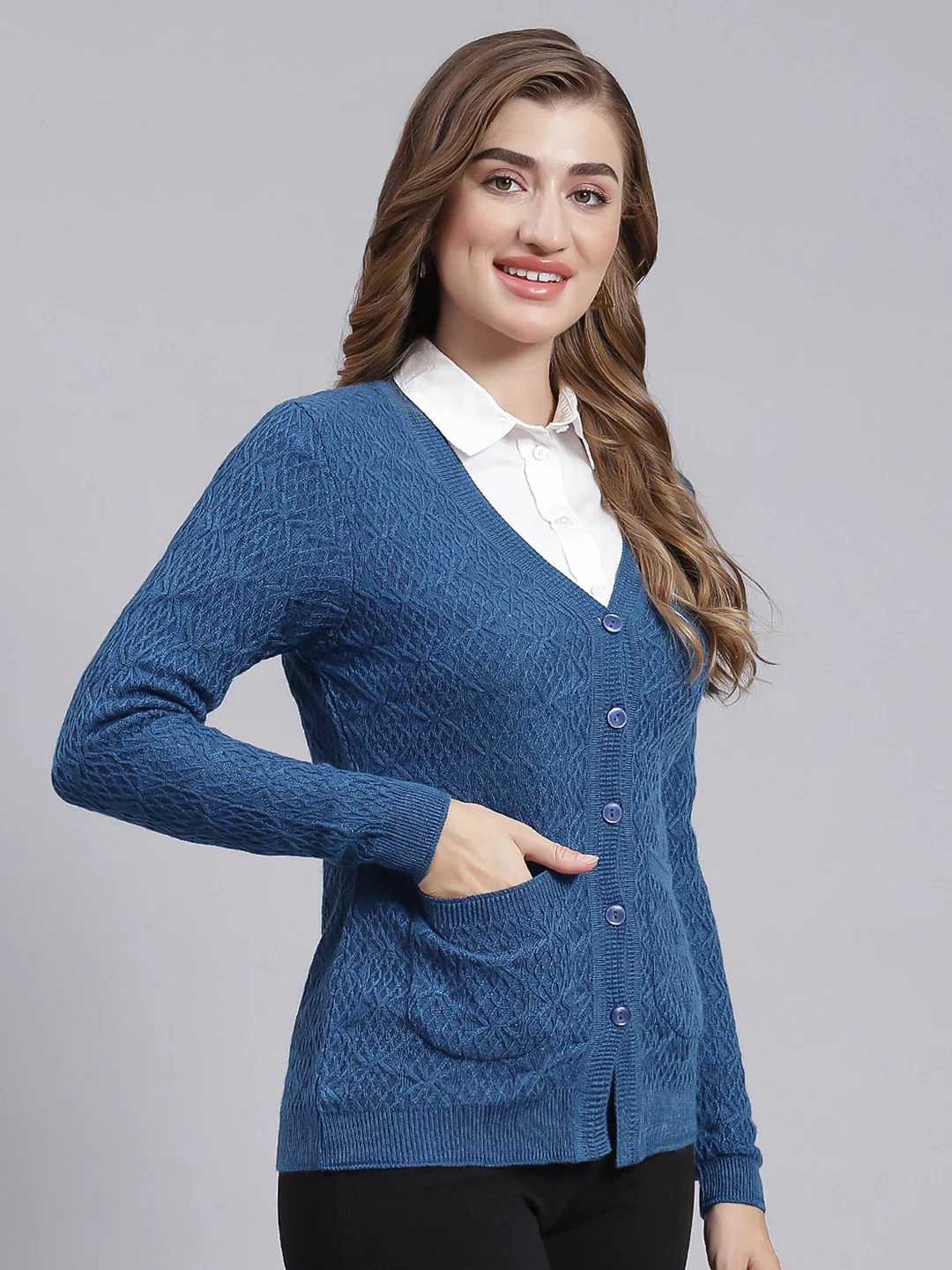 Women Navy Blue Self Design Wool blend Cardigan - Image 2