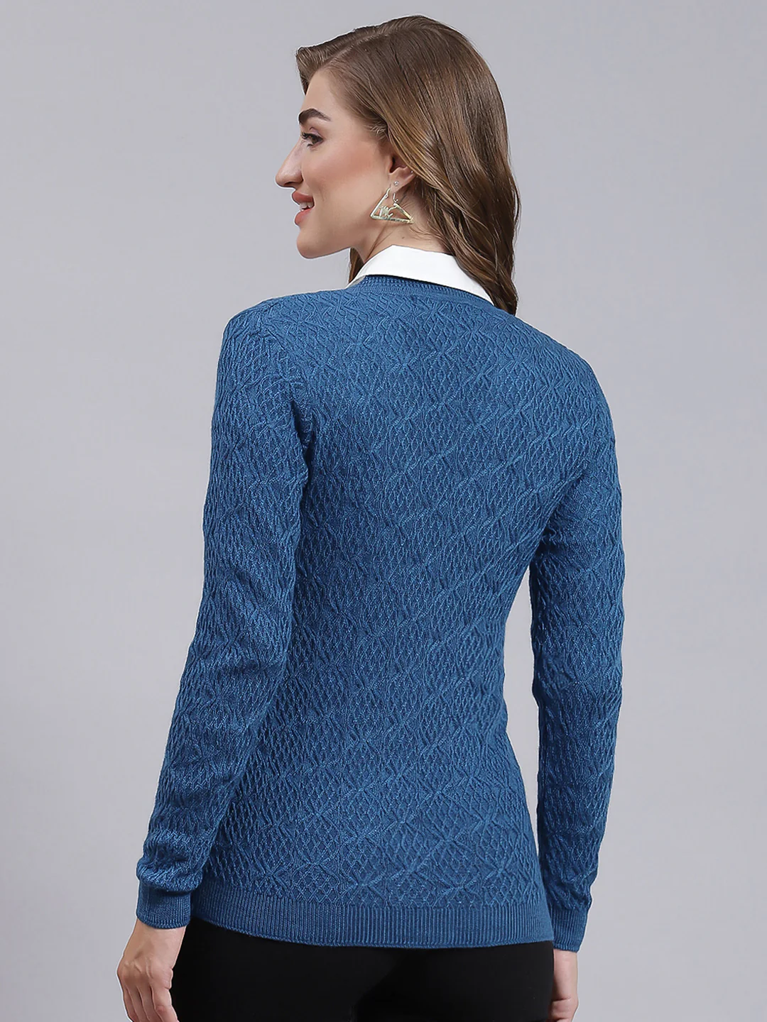 Women Navy Blue Self Design Wool blend Cardigan - Image 4