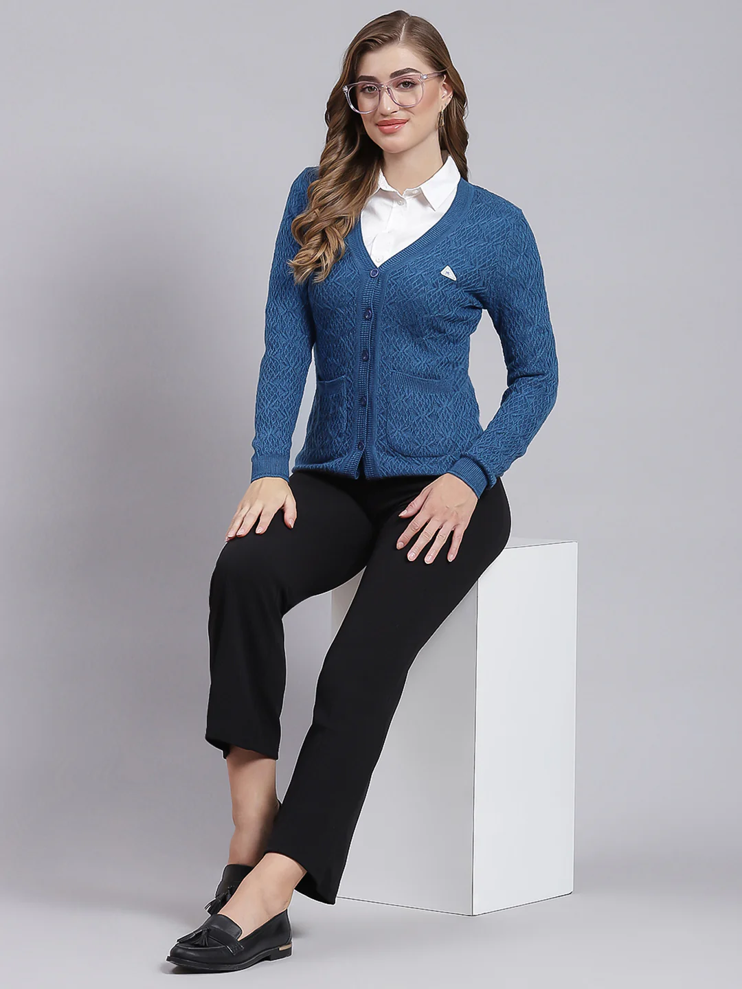Women Navy Blue Self Design Wool blend Cardigan - Image 5