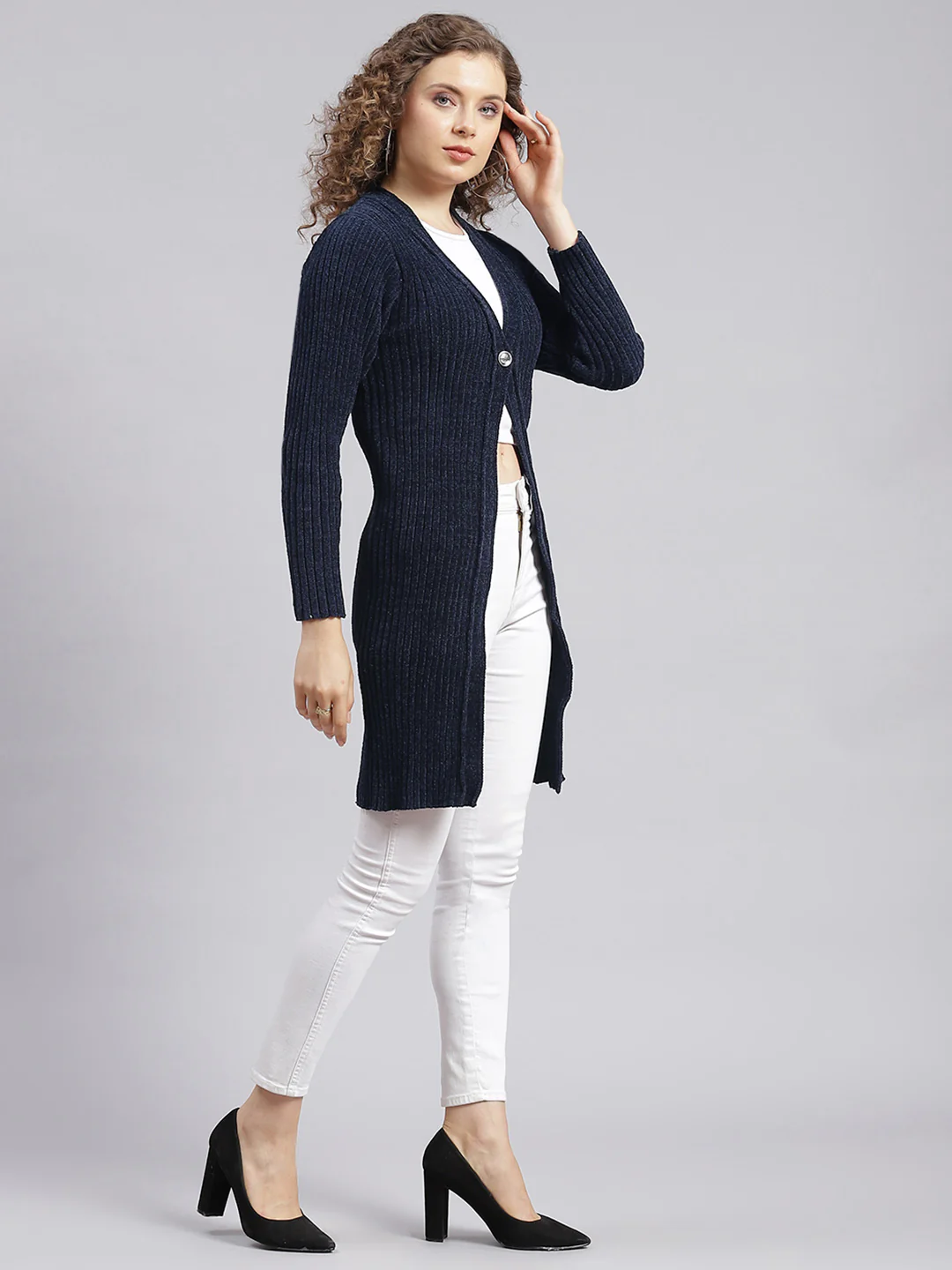 Women Navy Blue Self Design Wool blend Cardigan - Image 3
