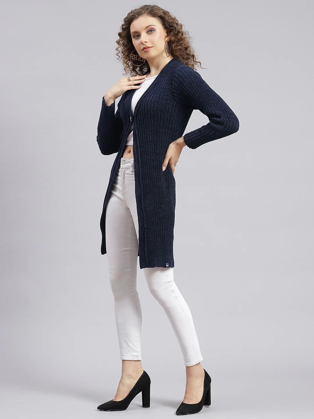 Women Navy Blue Self Design Wool blend Cardigan - Image 4