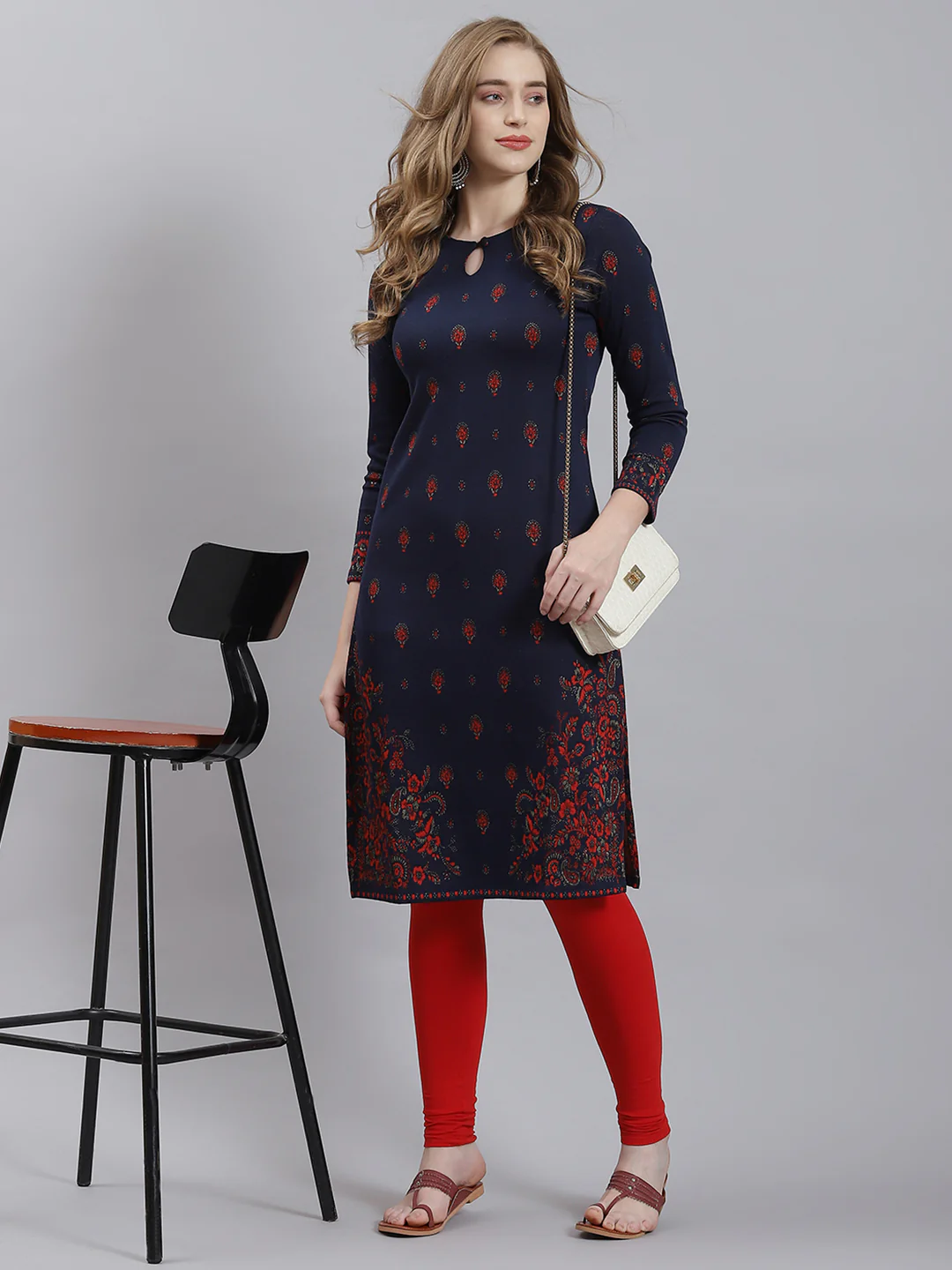 Women Navy Blue Self Kurti