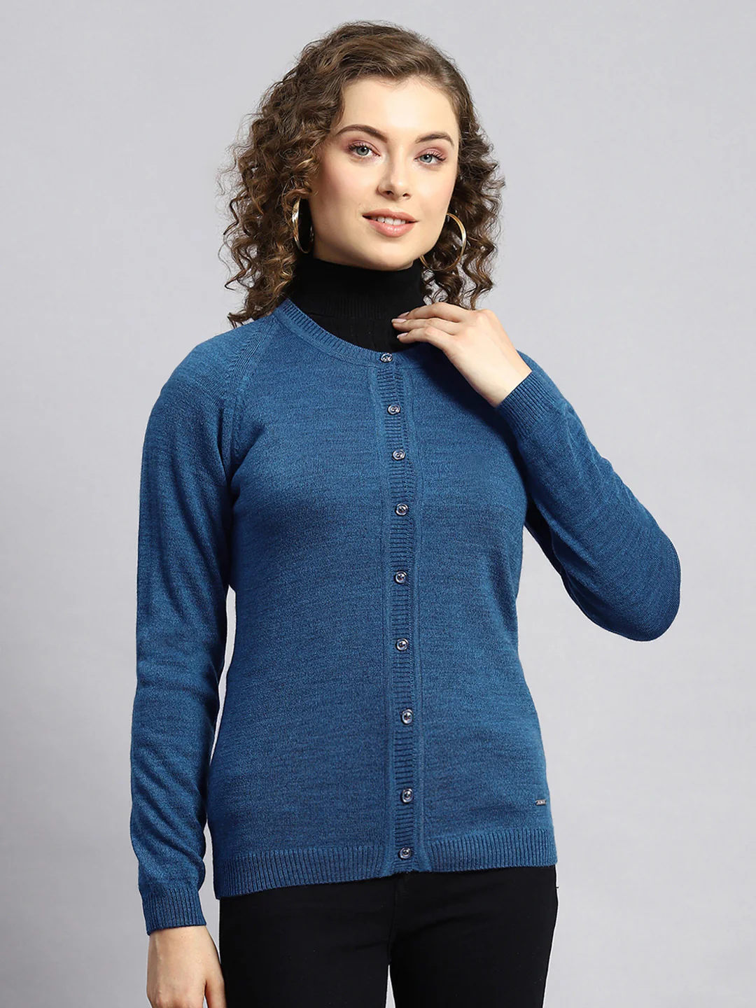Women Navy Blue Solid Cardigan - Image 2