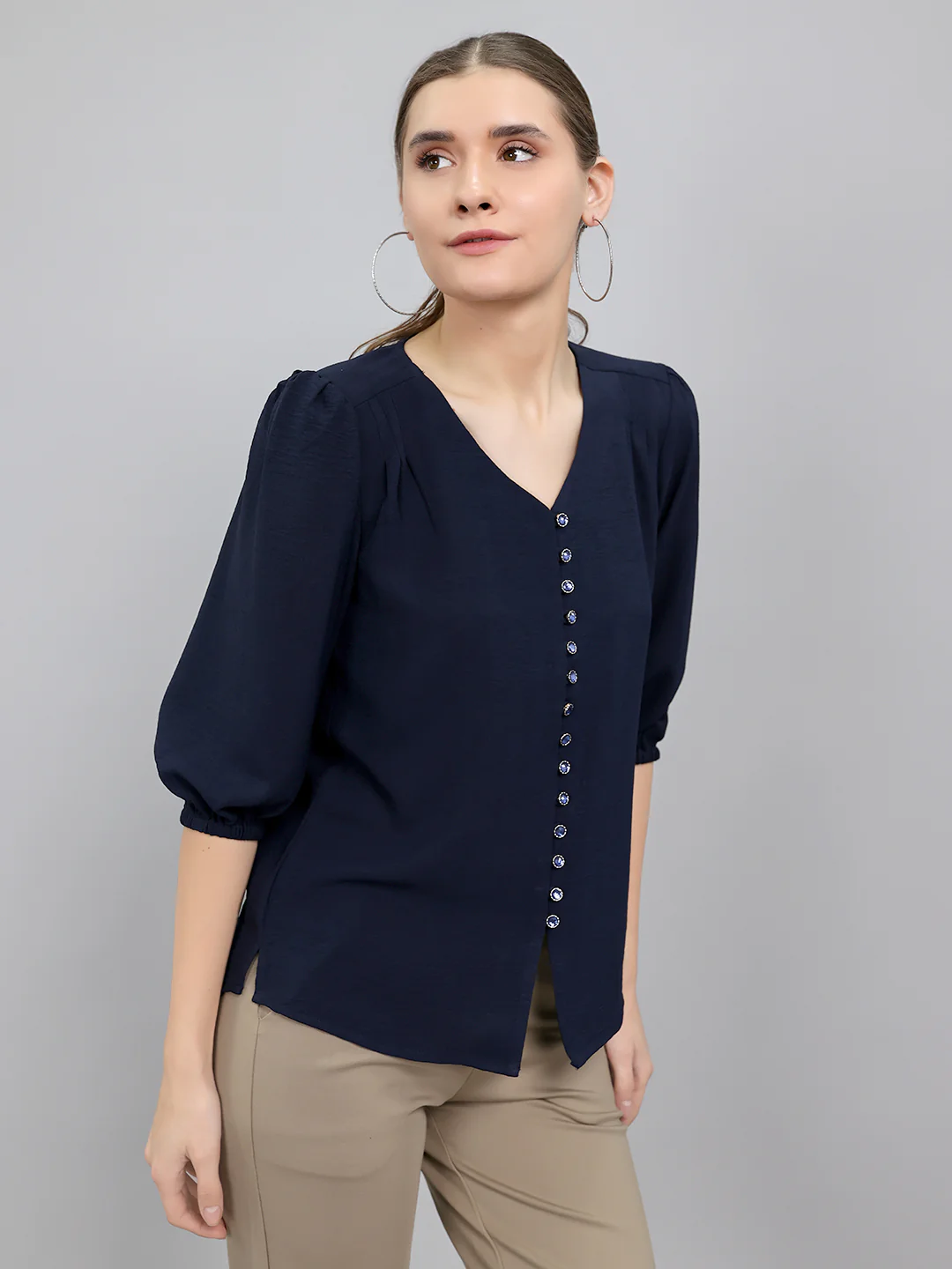 Women Navy Blue Solid Collar 3/4th Sleeve Top - Image 3