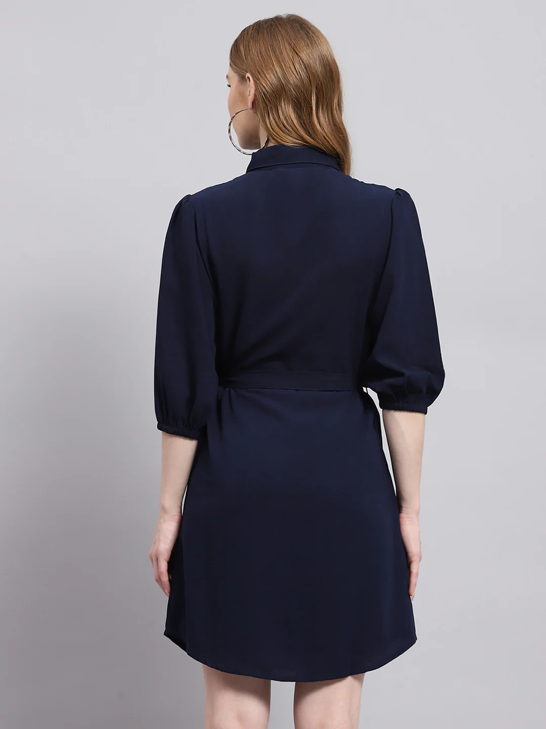 Women Navy Blue Solid Collar 3/4th Sleeve Dress - Image 5