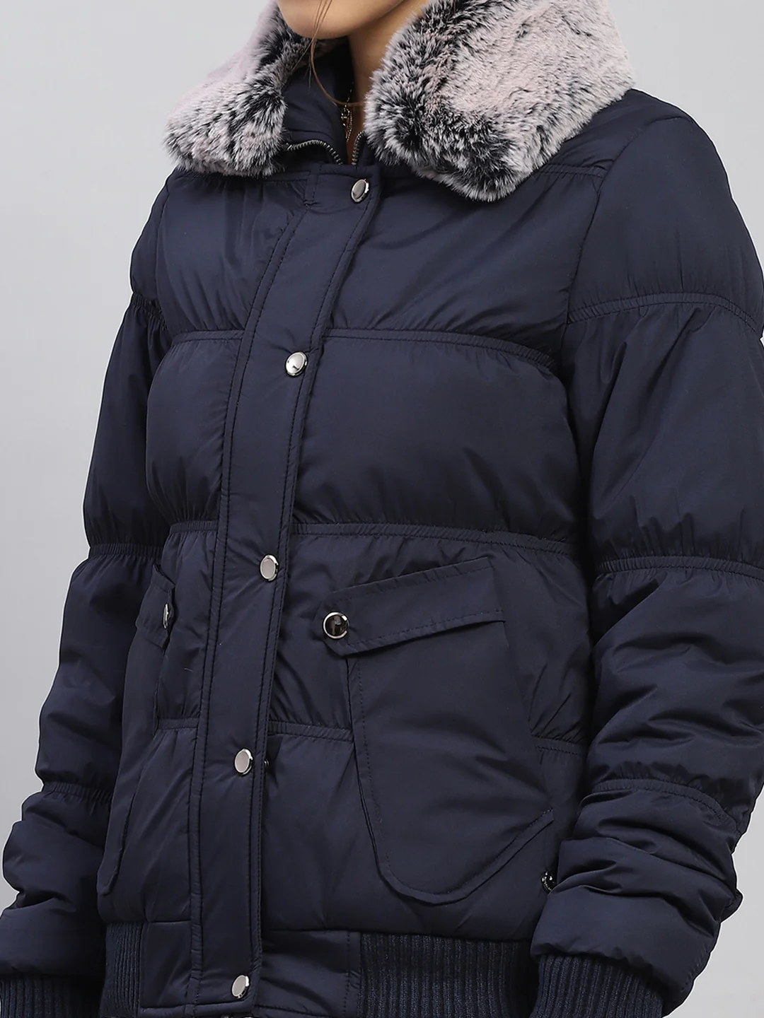 Women Navy Blue Solid Collar Full Sleeve Jacket - Image 6