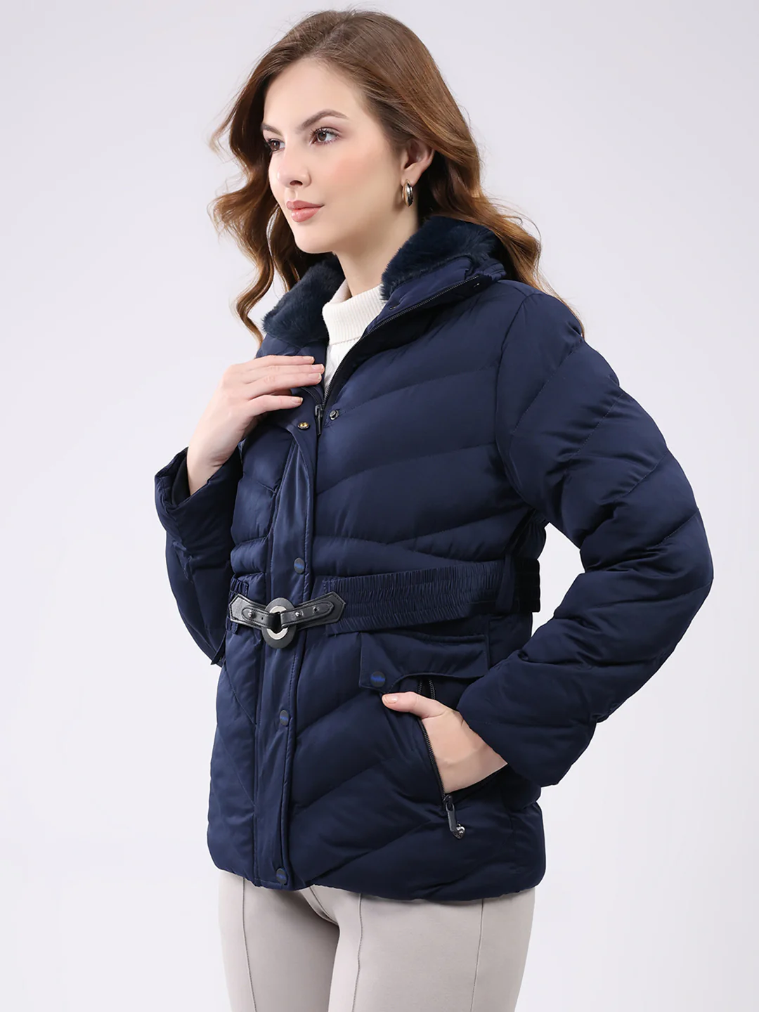 Women Navy Blue Solid Collar Full Sleeve Jacket - Image 3