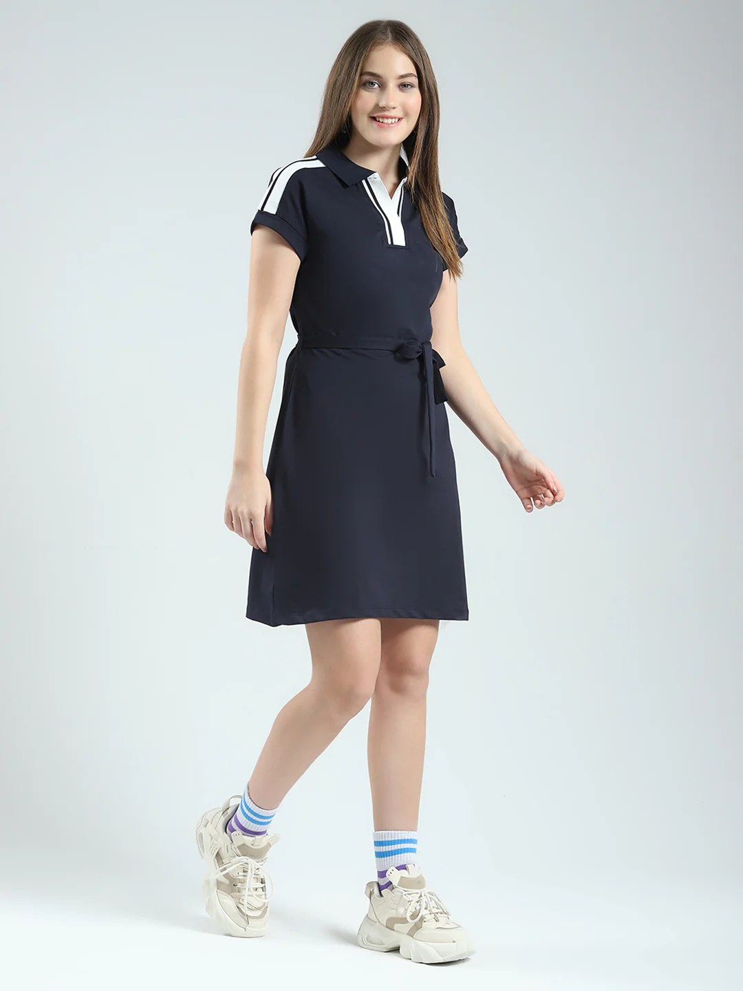 Women Navy Blue Solid Collar Half Sleeve Dress - Image 4