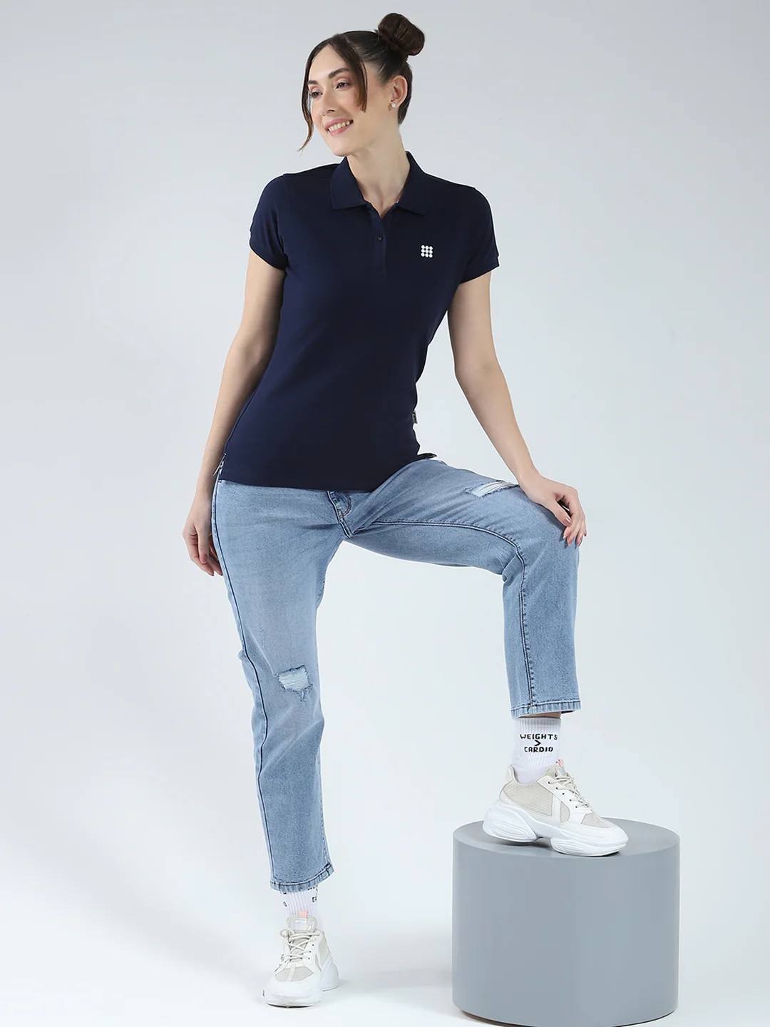 Rock.it Women Navy Blue Solid Collar Half Sleeve T-Shirt - Image 2
