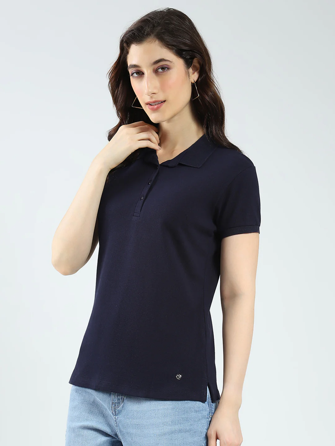 Women Navy Blue Solid Collar Half Sleeve T-Shirt - Image 3