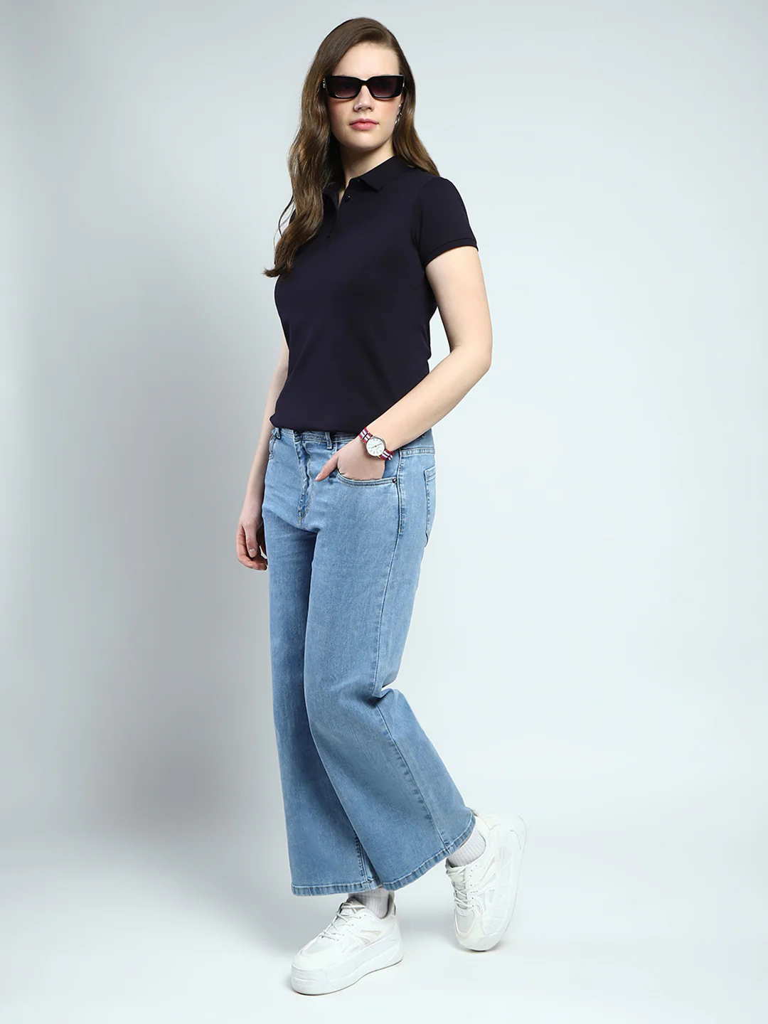 Women Navy Blue Solid Collar Half Sleeve T-Shirt - Image 2