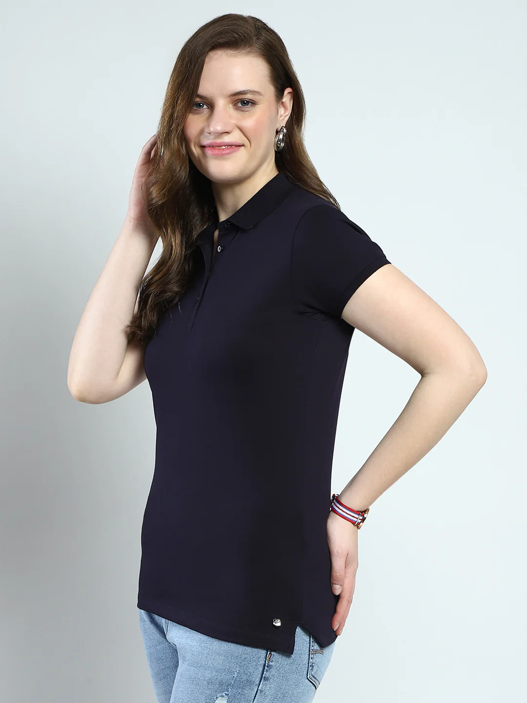 Women Navy Blue Solid Collar Half Sleeve T-Shirt - Image 3