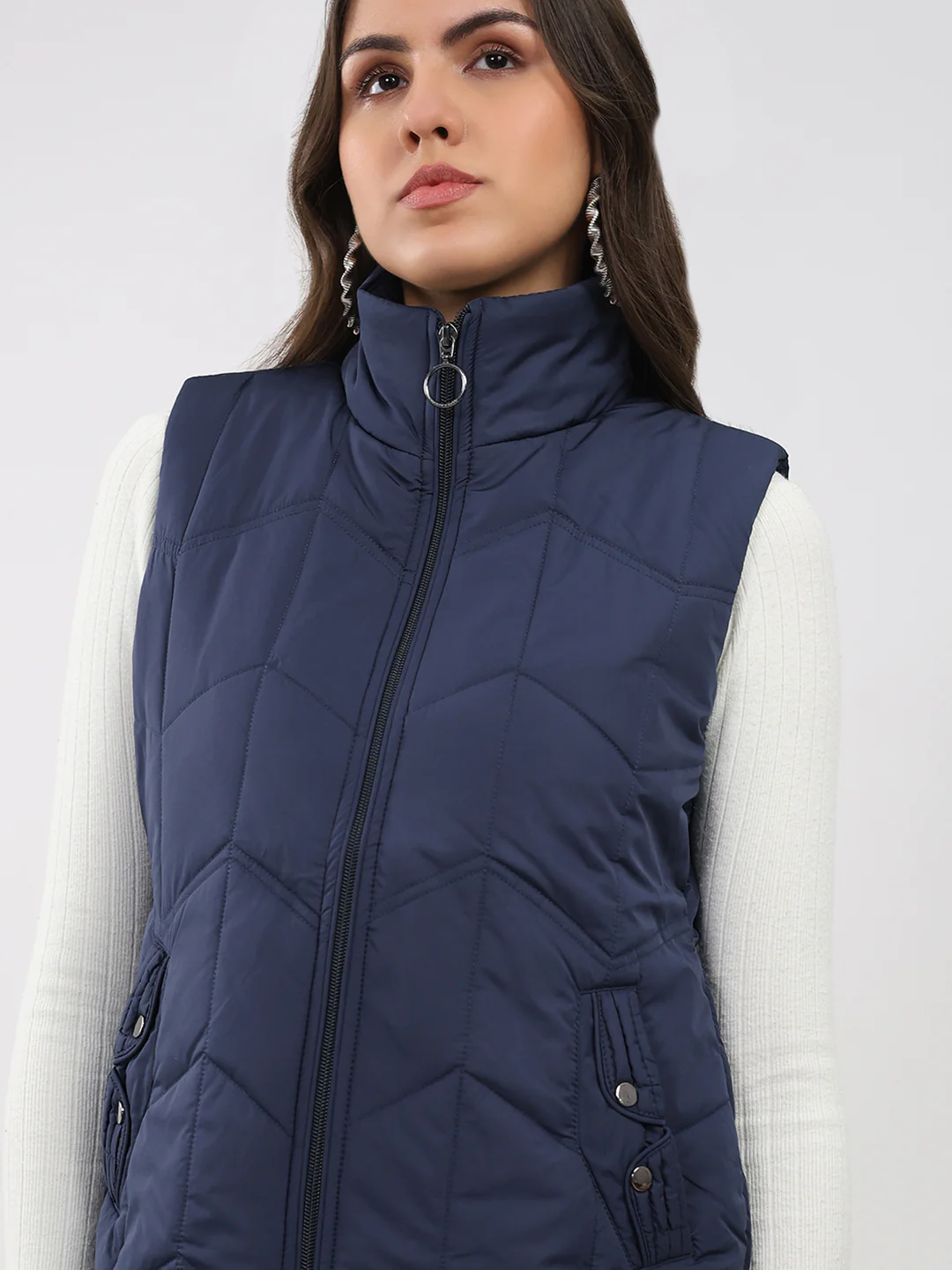 Women Navy Blue Solid Collar Sleeveless Jacket - Image 7