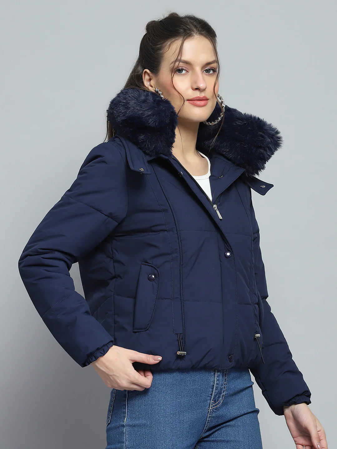 Women Navy Blue Solid Detachable Hood Full Sleeve Jacket - Image 4