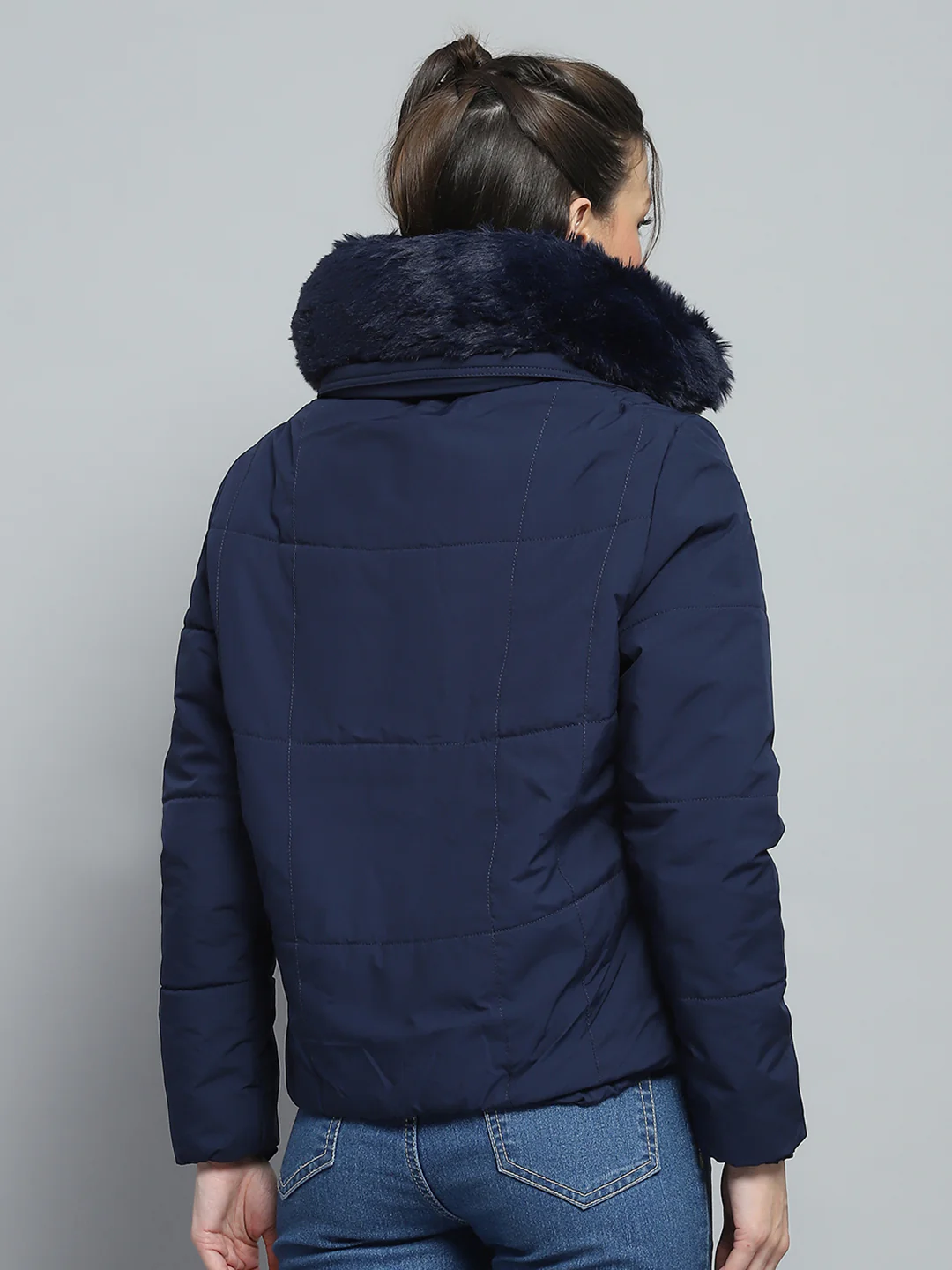 Women Navy Blue Solid Detachable Hood Full Sleeve Jacket - Image 5