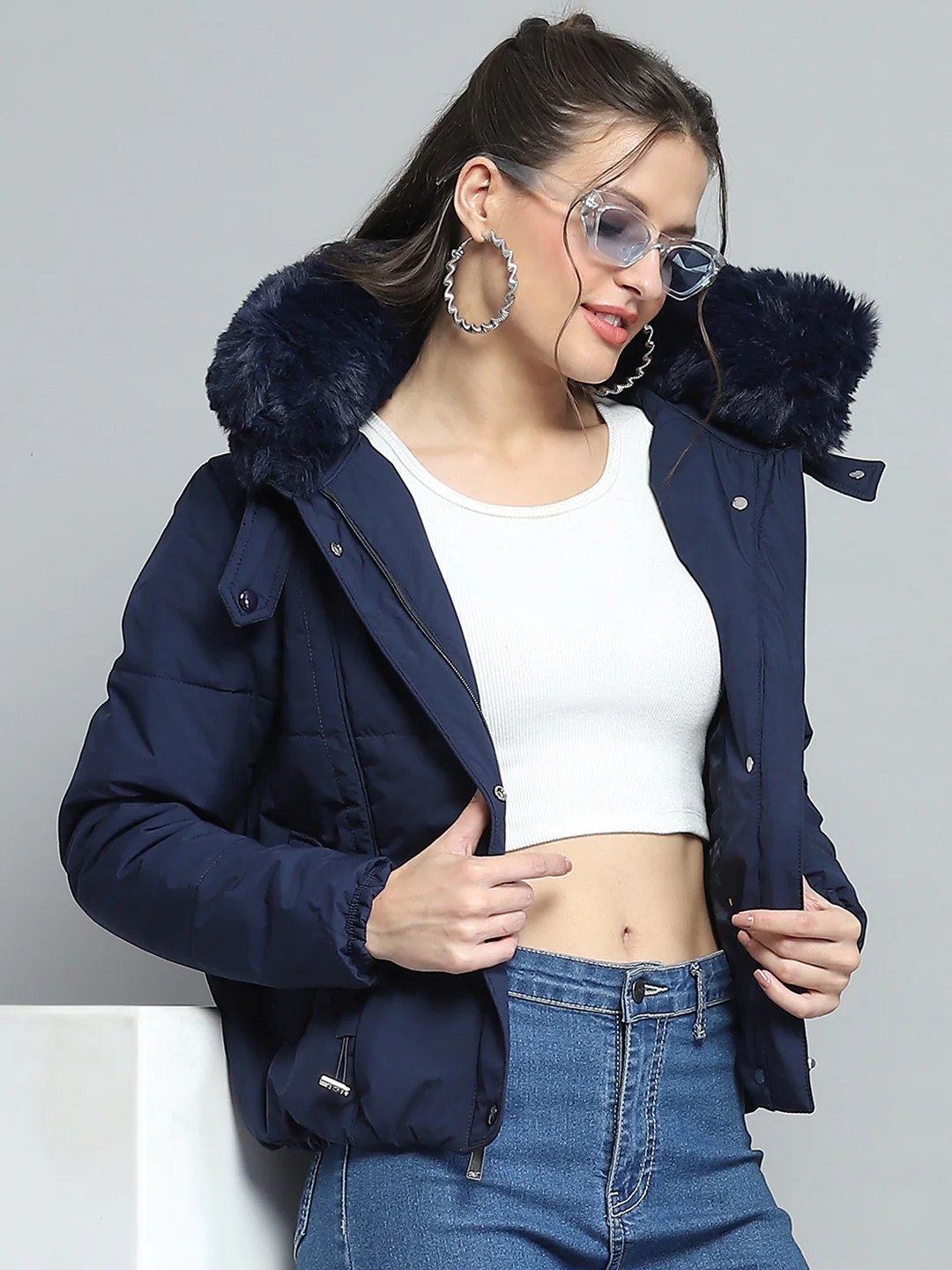 Women Navy Blue Solid Detachable Hood Full Sleeve Jacket - Image 6