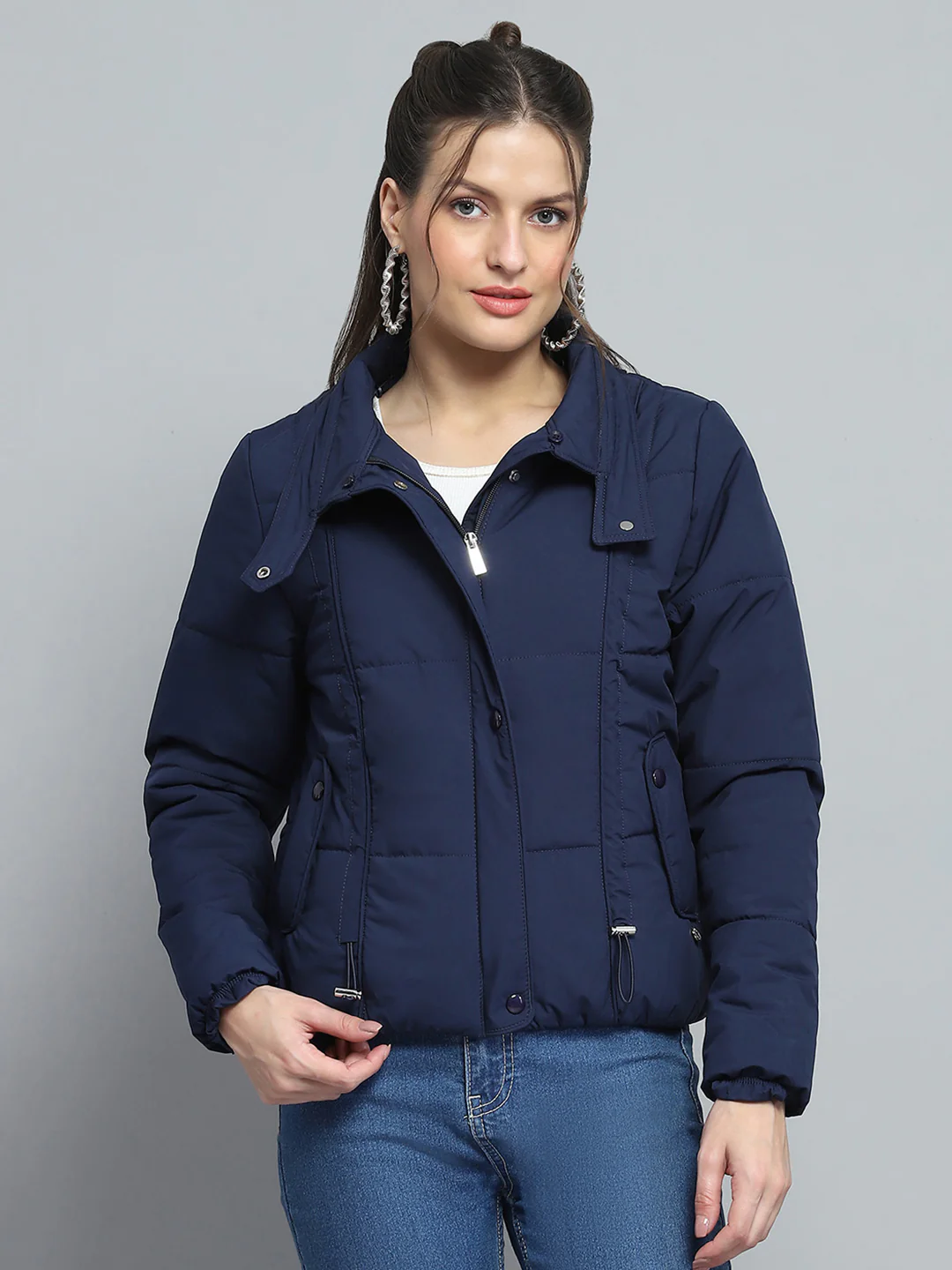 Women Navy Blue Solid Detachable Hood Full Sleeve Jacket - Image 7