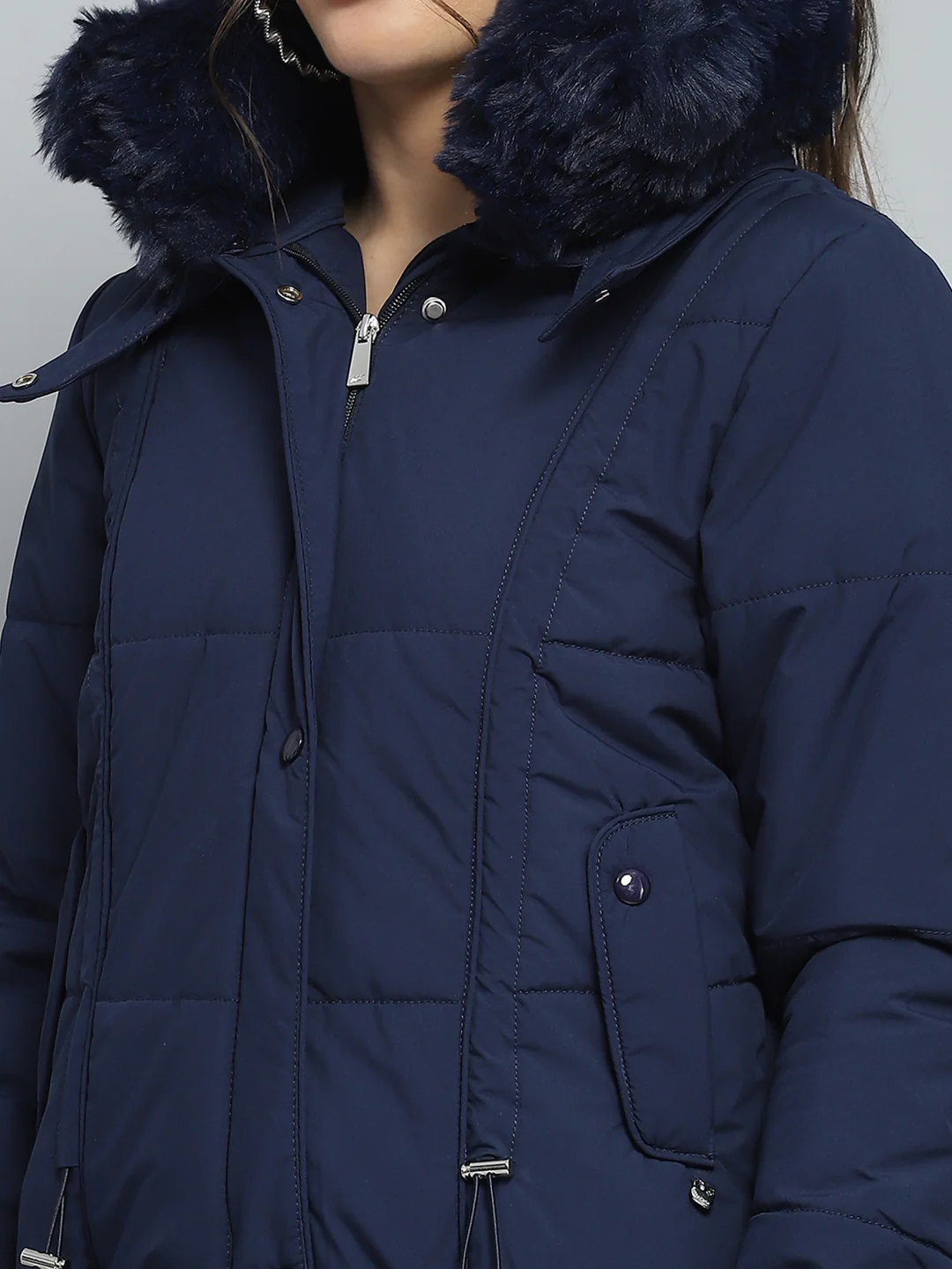 Women Navy Blue Solid Detachable Hood Full Sleeve Jacket - Image 8