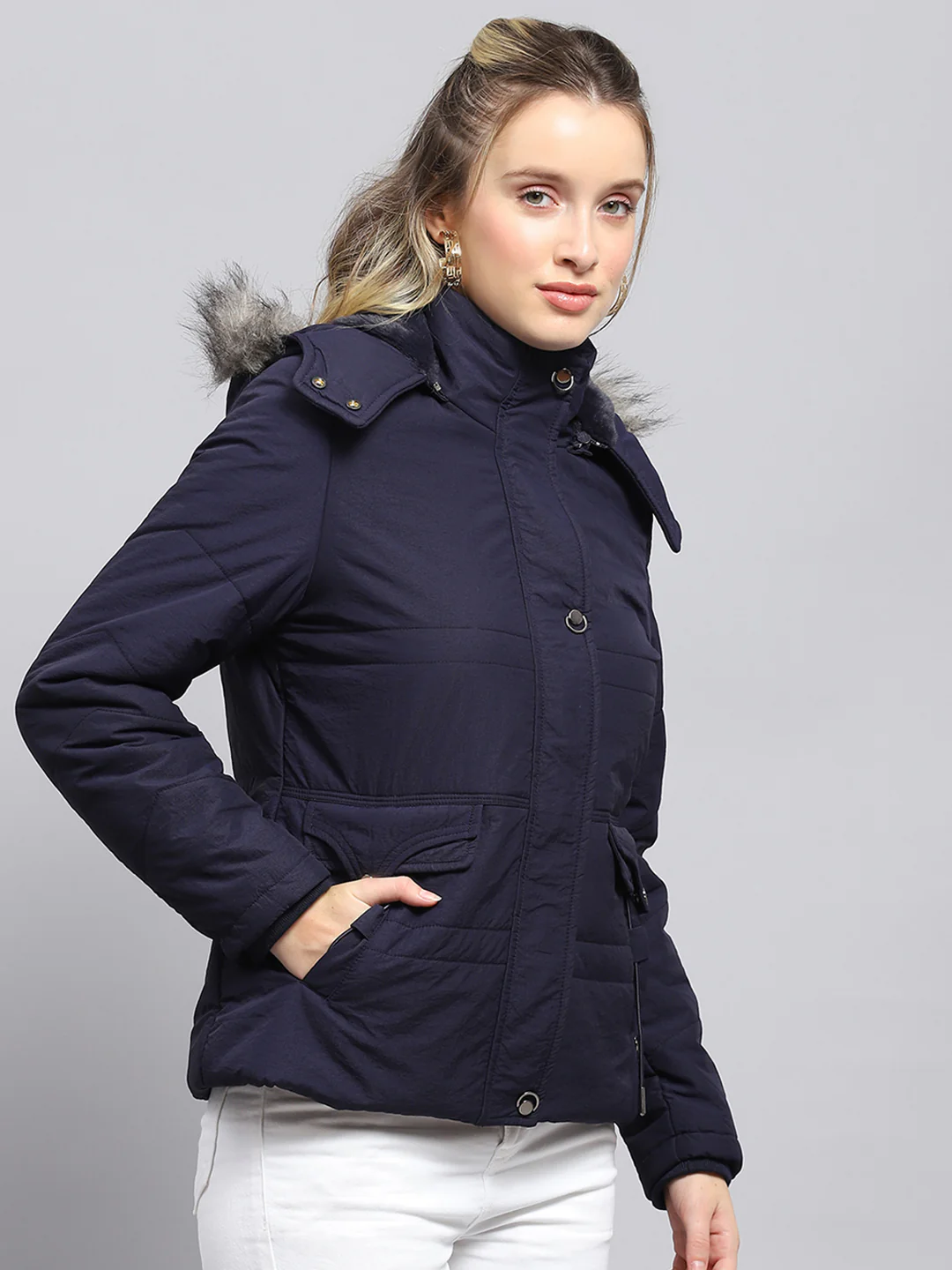 Women Navy Blue Solid Detachable Hood Full Sleeve Jacket - Image 4