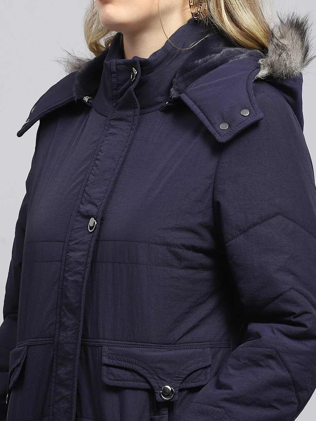 Women Navy Blue Solid Detachable Hood Full Sleeve Jacket - Image 6