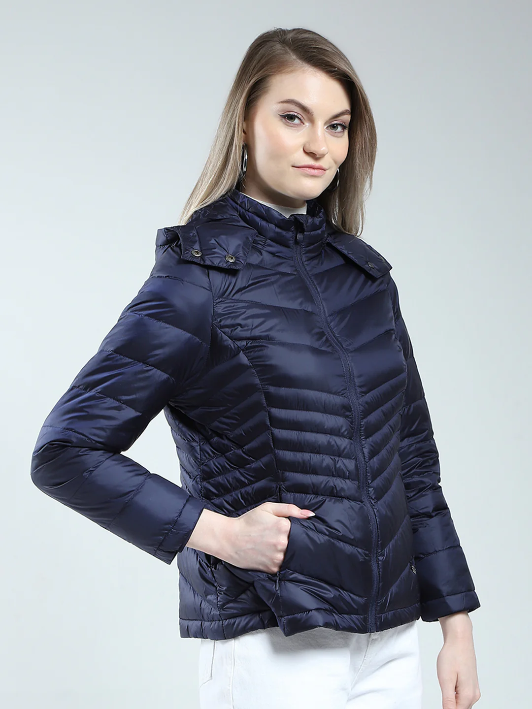 Women Navy Blue Solid Detachable Hood Full Sleeve Jacket - Image 4