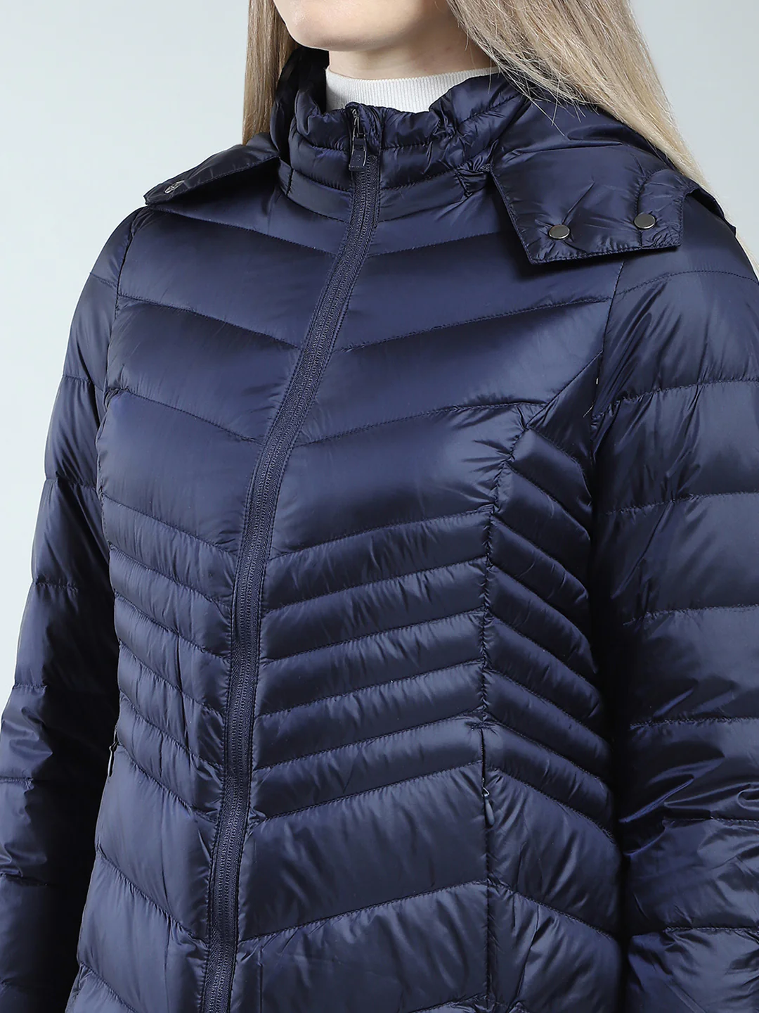 Women Navy Blue Solid Detachable Hood Full Sleeve Jacket - Image 6
