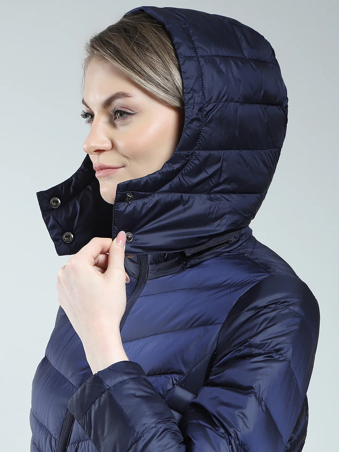 Women Navy Blue Solid Detachable Hood Full Sleeve Jacket - Image 7