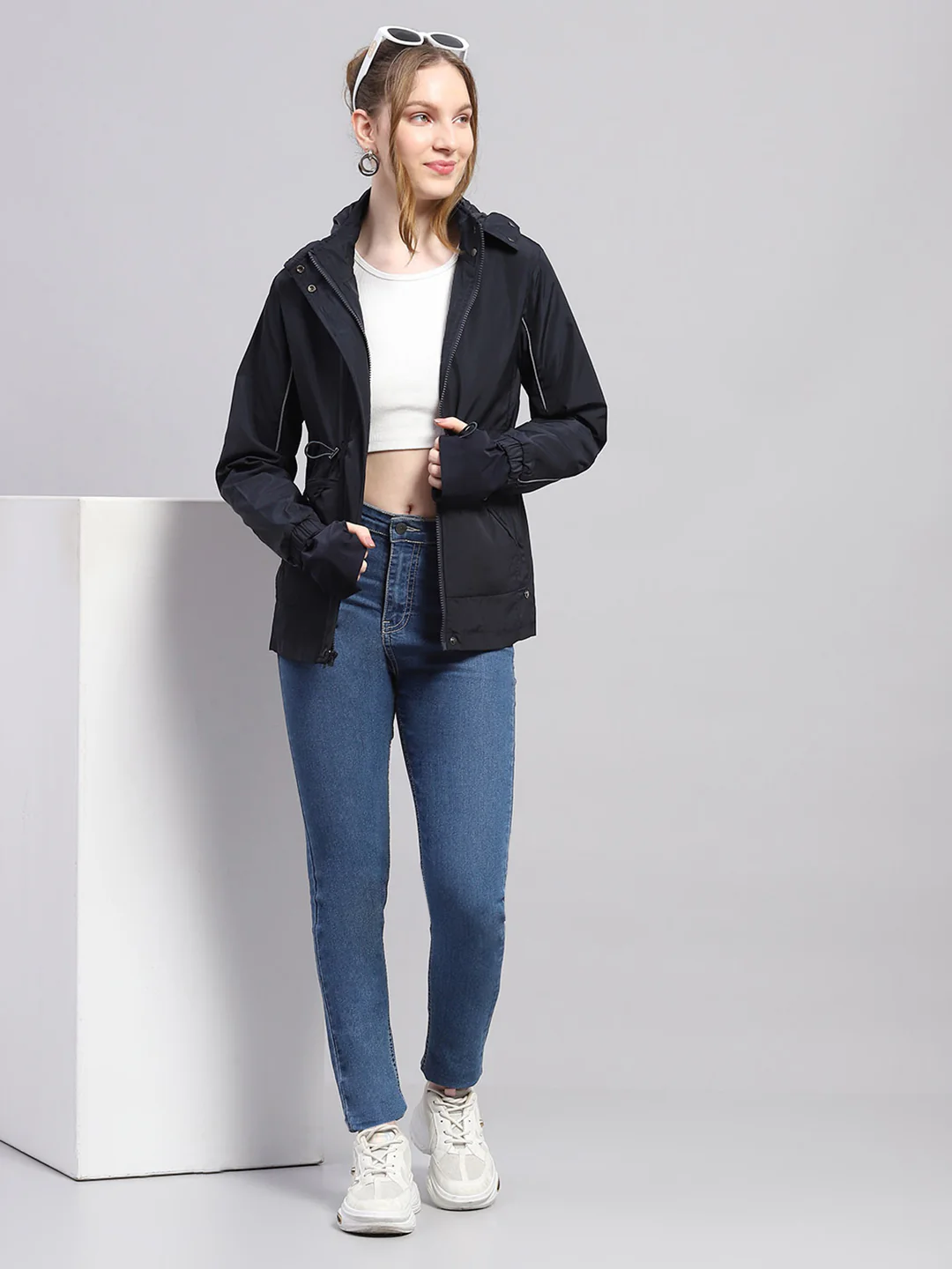 Women Navy Blue Solid Detachable Hood Full Sleeve Jacket - Image 2