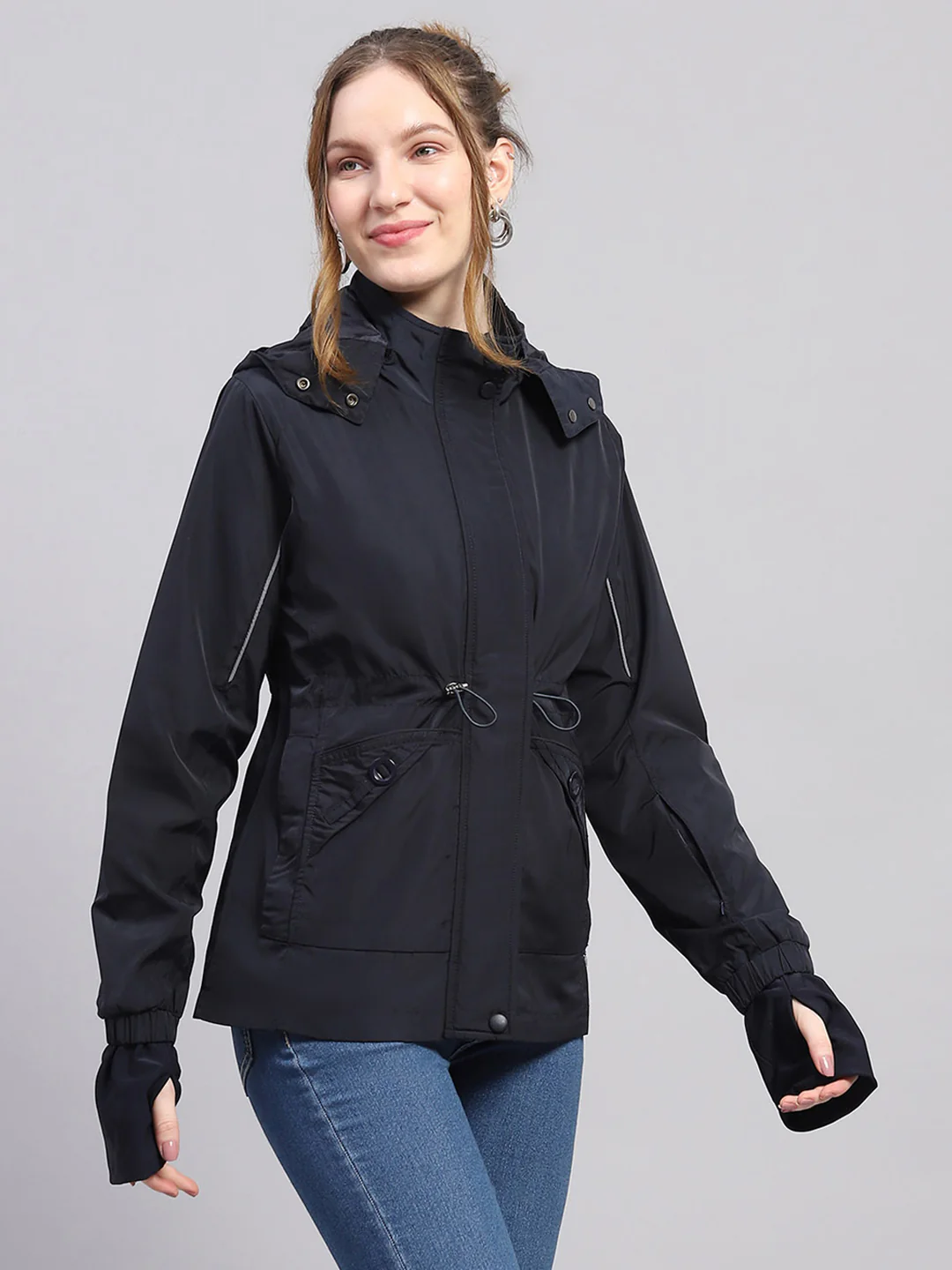 Women Navy Blue Solid Detachable Hood Full Sleeve Jacket - Image 4